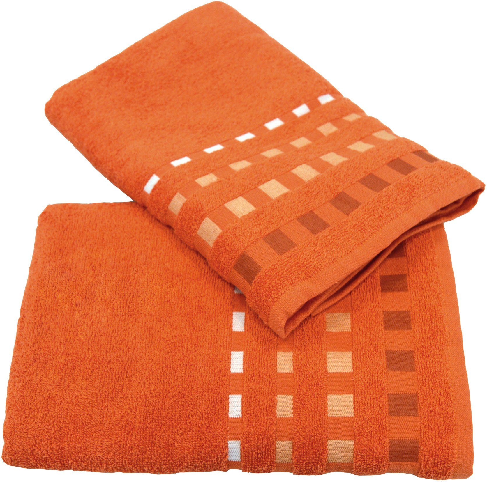 KiNZLER Handtuch Set Duschtuch Kreta, Walkfrottee, (Set, 2-tlg), Uni  Farben, farblich passende Bordüre, angenehm weich und flauschig