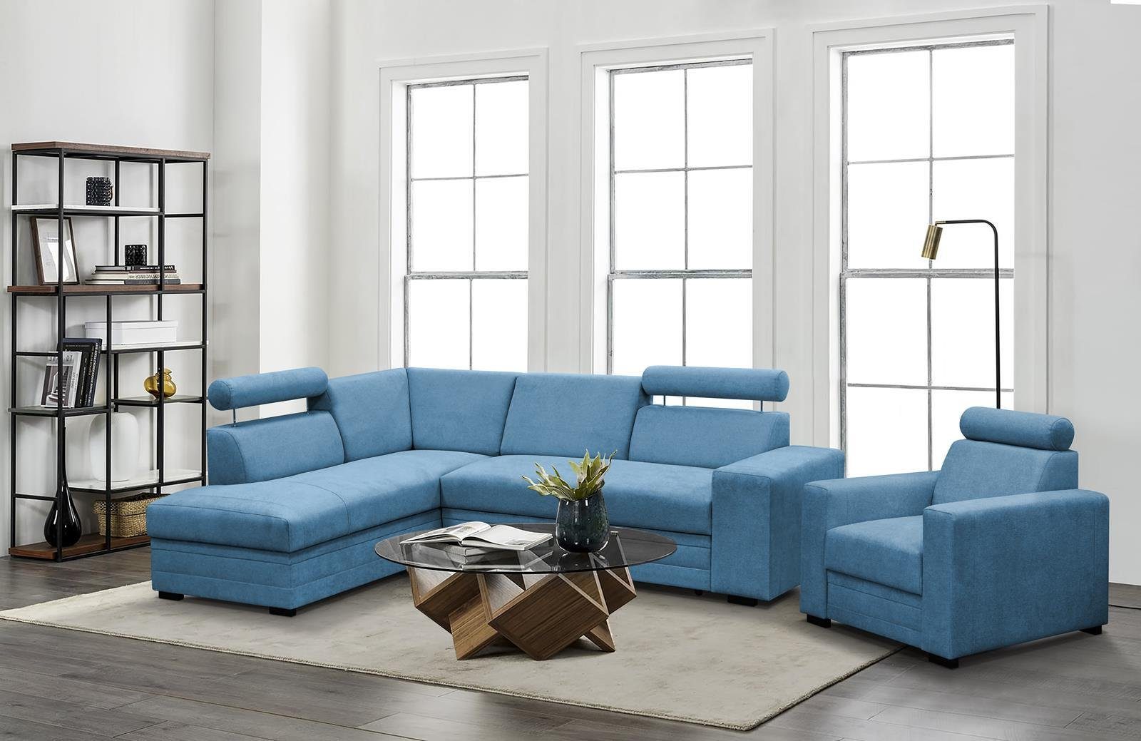 Beautysofa Polstergarnitur Roma, (modernes Set Eckgarnitur mit Sessel, Schlaffunktion, Bettkasten, verstellbare Kopfstützen), gepolstertes Ecksofa mit Sessel aus Bonnell-Federn für Wohnzimmer Blau (vardo 87)