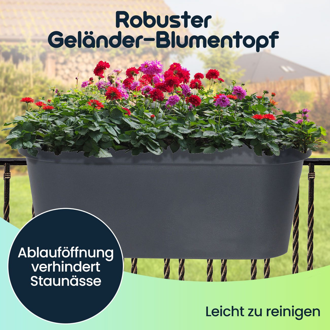 Koopman Blumentopf Geländer-Pflanzkübel Blumentopf 59cm Balkon-Topf mit Haube Anthrazit (1 St., 1er/2er-Set), Balkongeländer-Blumentopf mit Mini-Gewächshaus-Haube & Ablauföffnung