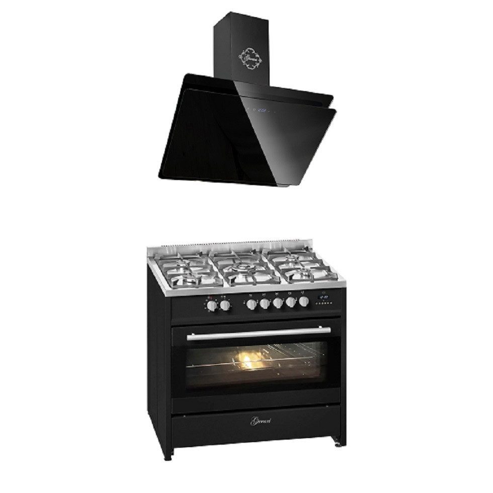 GURARI Gas-Standherd 90 cm Range Cooker 121L+Dunstabzugshaube 90 cm GCH E 911 BL+GCH S 411 90 BL PRIME N, mit 1-fach-Teleskopauszug