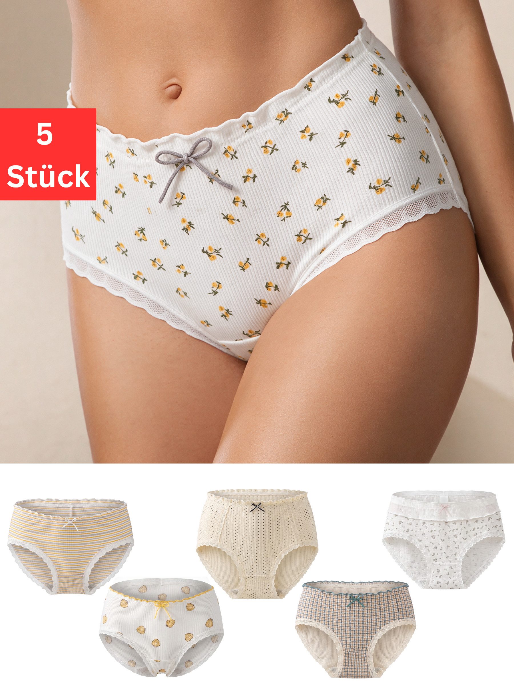Elegant Love Hipster Hipster-Panty, Damen Unterwäsche, gerippte Slips mit Spitze (Set, 5-St., 5er-Pack) Pantys Frauen Unterhosen aus Rippstoff, gemustert
