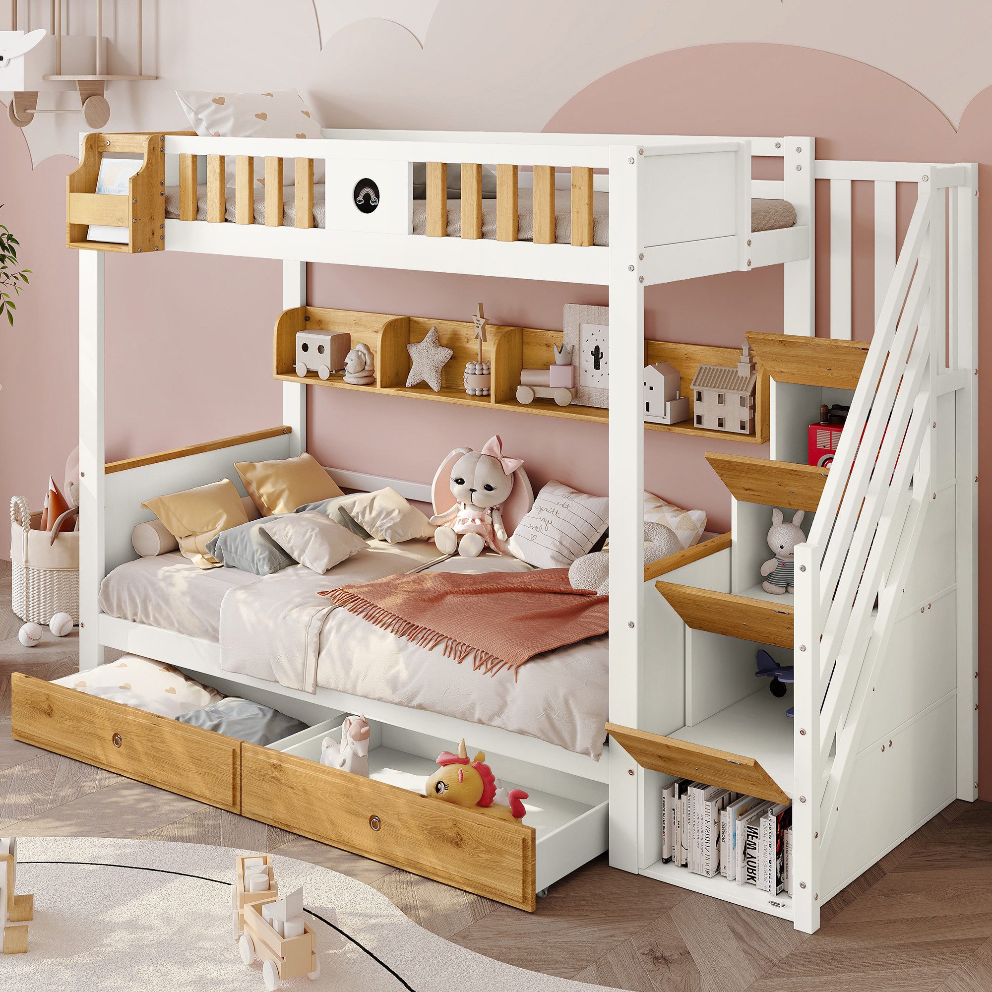 Flieks Etagenbett, Massivholz Kinderbett mit Stauraumtreppe und 2 Schublade günstig online kaufen