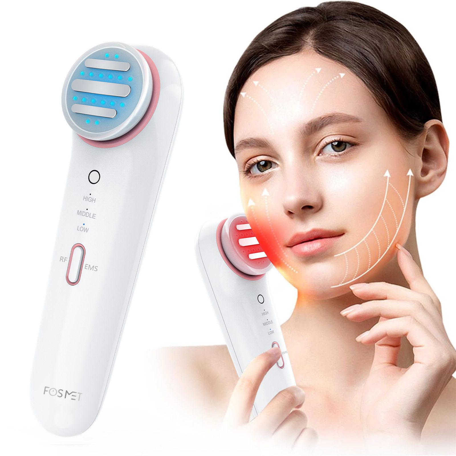 FOSMET Gesichtsmassagegerät Gesichtsmassagegerät gegen Falten – 6-in-1 Anti-Aging Gerät, Für das Gesicht- und Halsbereich, Multifunktionales Gesichtspflegegerät mit EMS, LED &RF