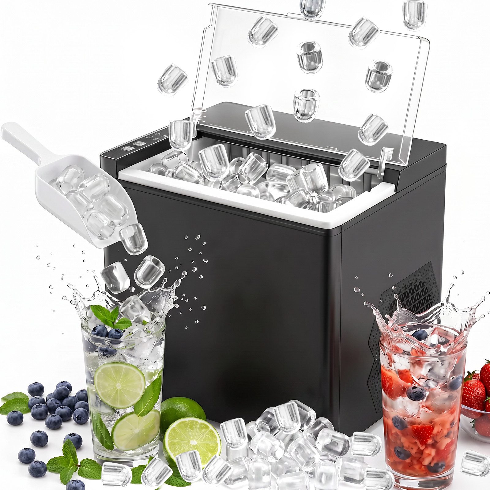 JVJH Eiswürfelmaschine Ice Cube Maker,9 Eiswürfel in 6 Min,Ice maker Klein,12 kg/24 h, Selbstreinigend & Leise,Transparenter Deckel,1.5 L Wassertank