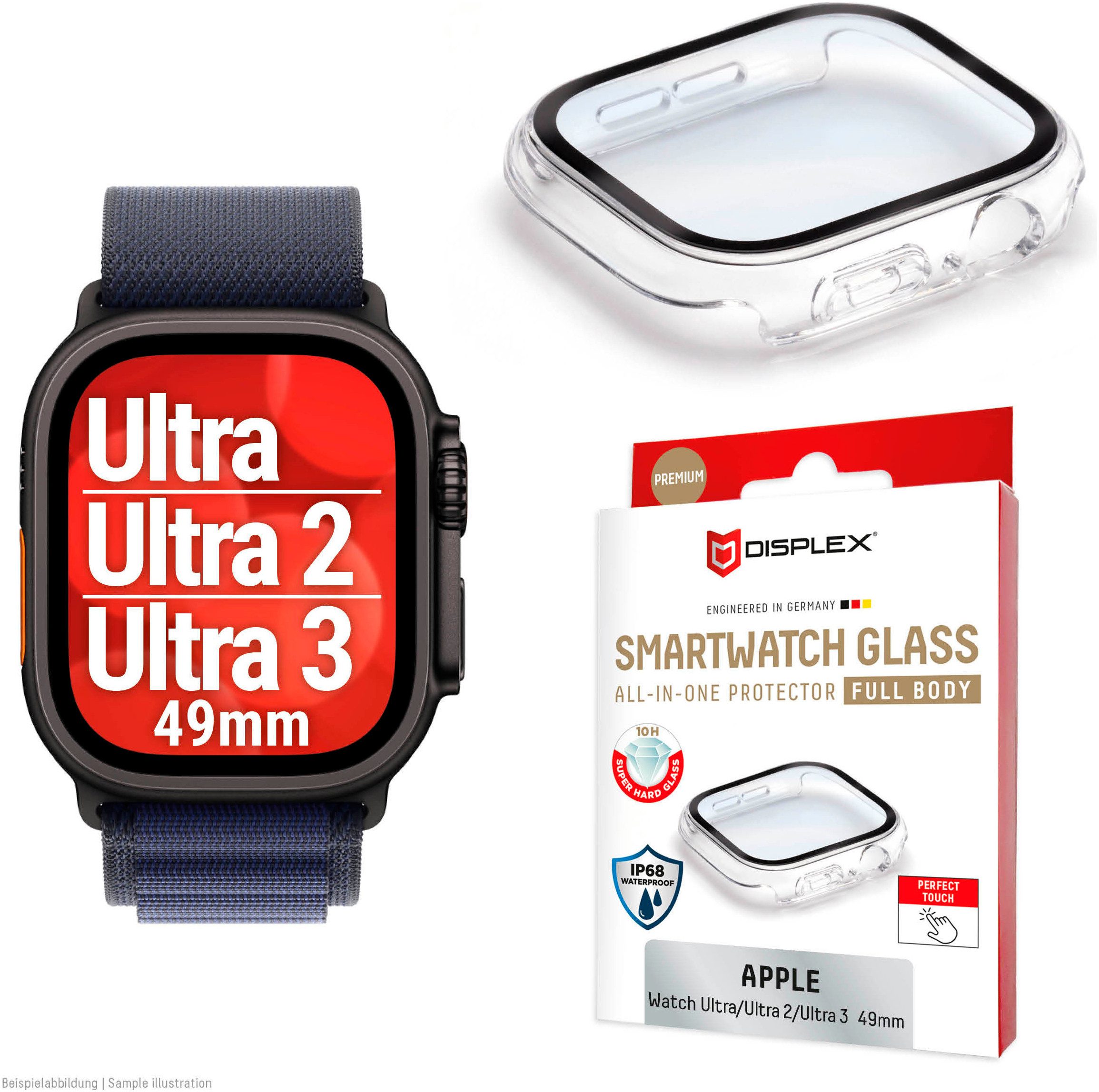 Displex Displayschutzglas Smartwatch Glass All-In-One Protector Full Body für Apple Watch Ultra 2 49 mm, Apple Watch Ultra 3 49 mm, Apple Watch Ultra 49 mm, Displayschutzfolie, Schutzfolie, Bildschirmschutz, kratz- & stoßfest