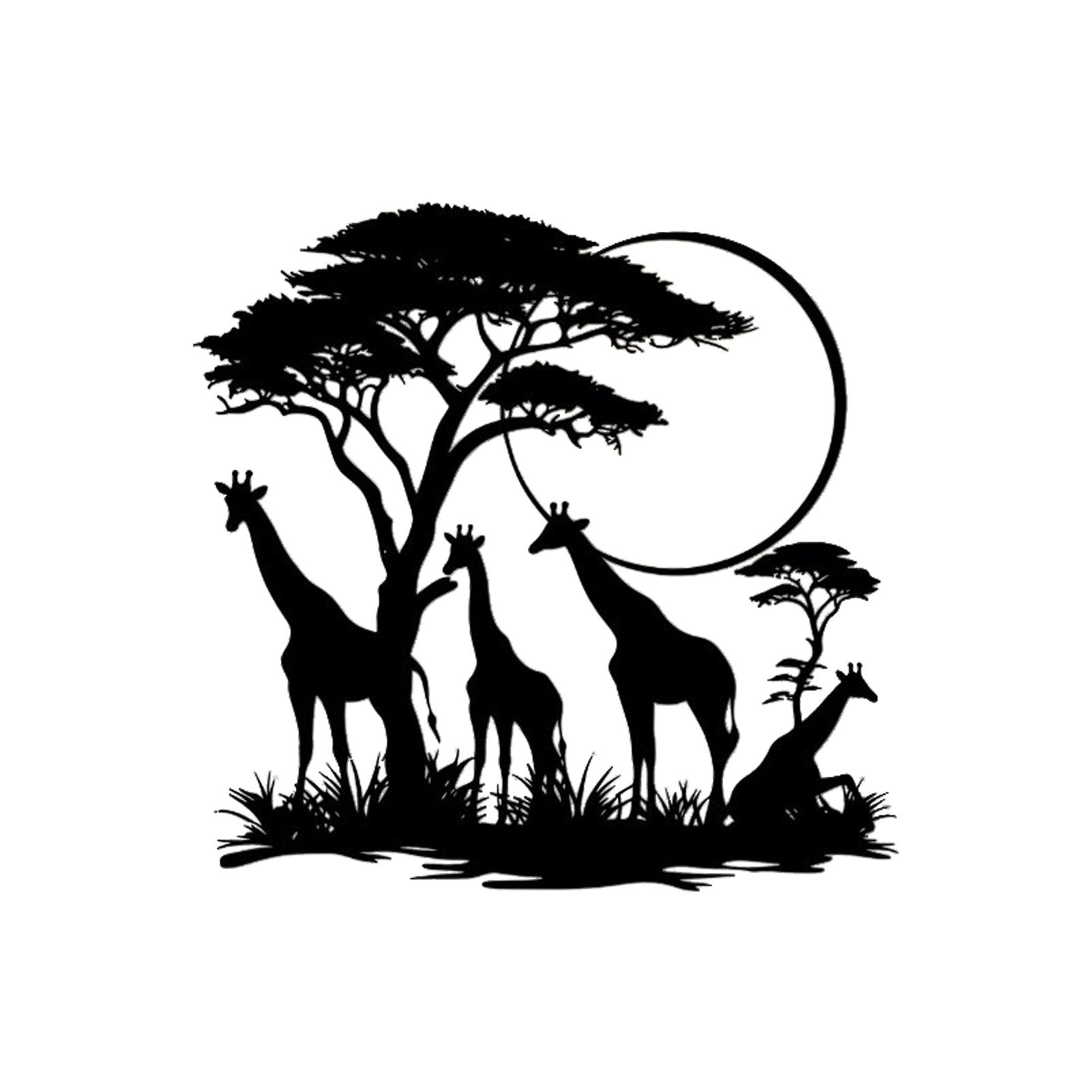 Jumpeak Wanddekoobjekt Wanddekoration mit Giraffe, afrikanische Savanne, Vollmond, Naturstil, Metall, 4 Farben, 53×53cm, Wanddekoration für das Wohnzimmer,Natürlich