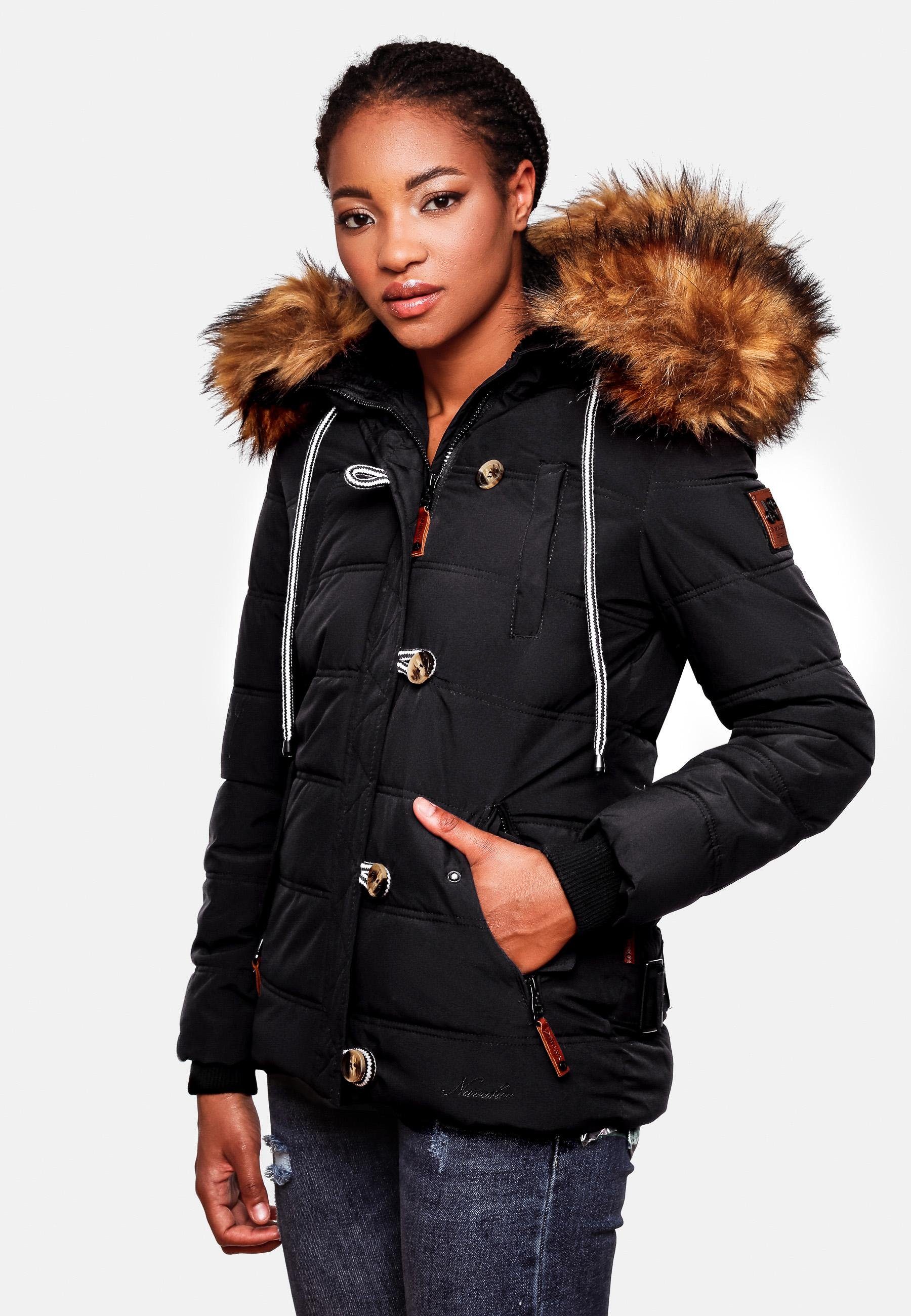 Kapuze Steppjacke Navahoo Winterjacke stylische Kunstpelz schwarz mit Zoja