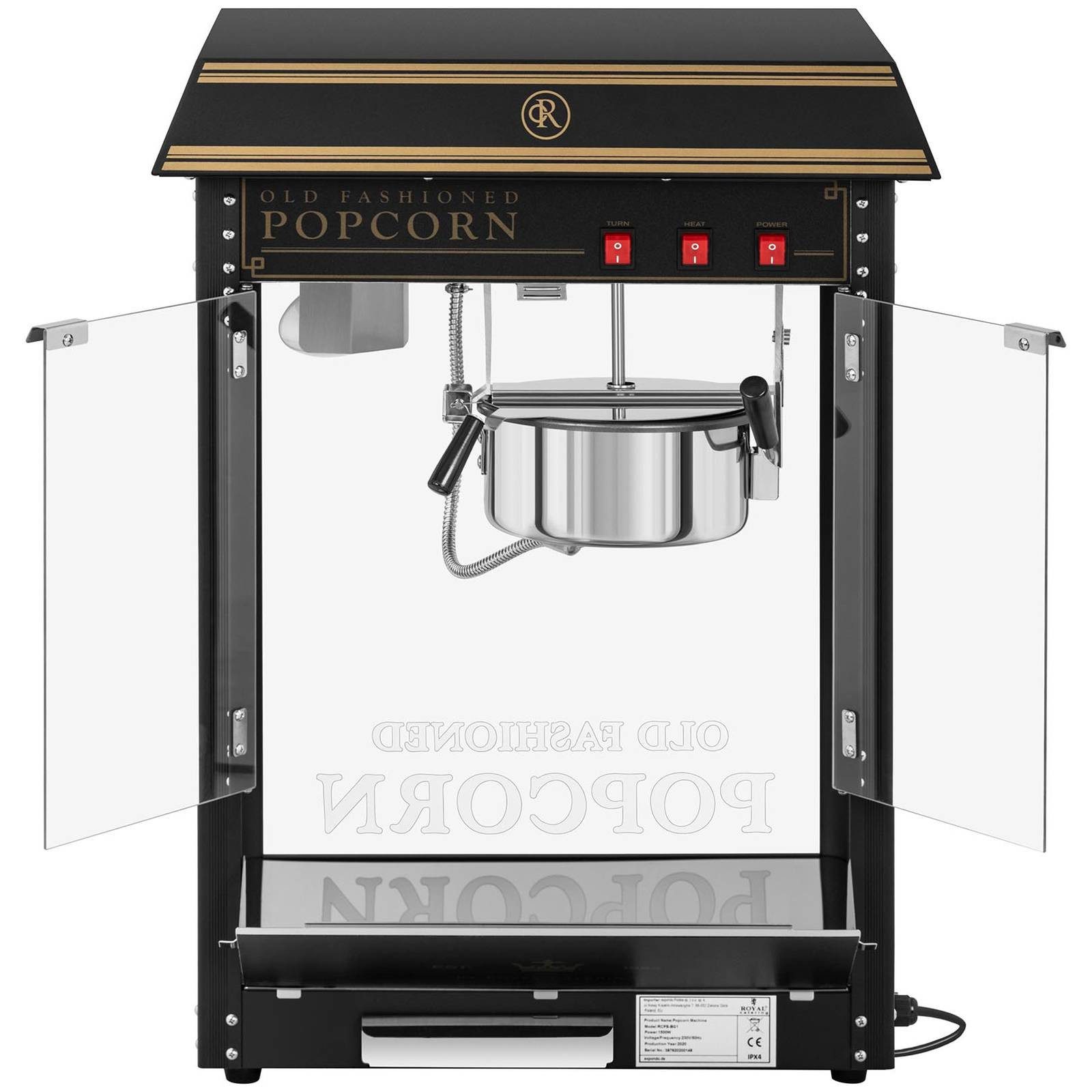 Royal Catering Popcornmaschine Popcornmaker 1500 W 5 kg/h schwarz Popcornautomat Teflon Beleuchtung – Bild 4 von 5