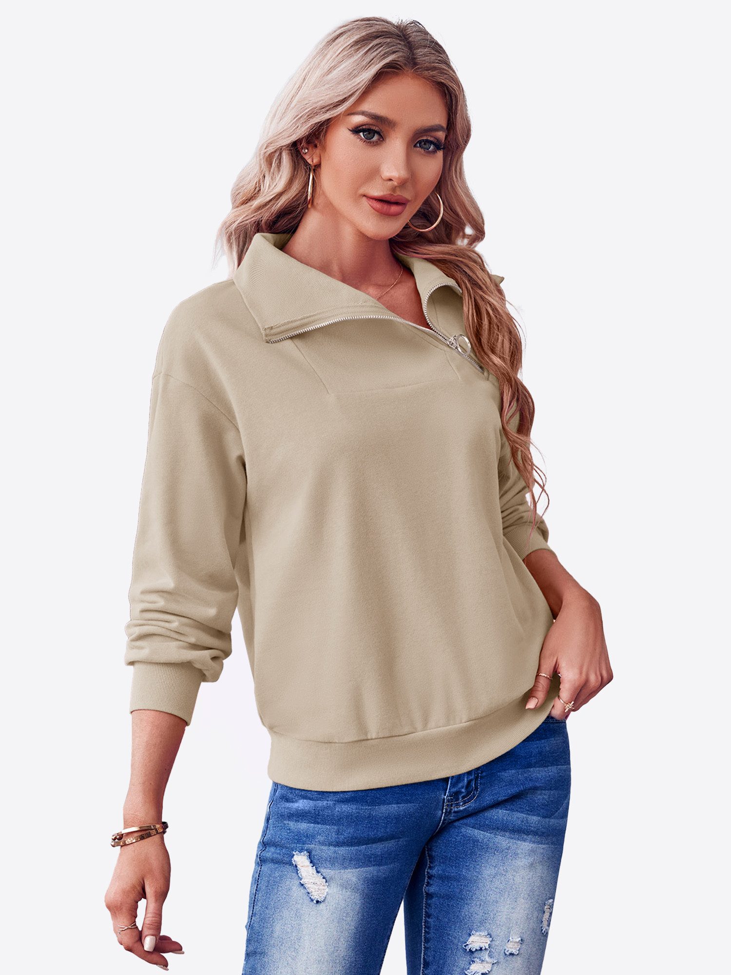 Imily Bela Sweatshirt Damen-Sweatshirt mit Rollkragen und Reißverschluss (P günstig online kaufen