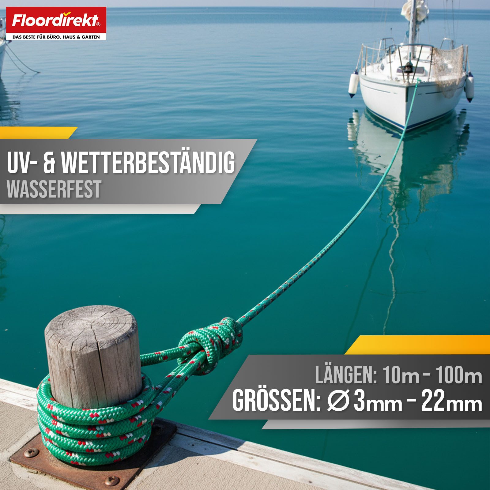 Floordirekt Seil Polypropylen-Seil K2, 3-22 mm, reißfestes UV beständiges Allzweckseil, schwimmfähig für Outdoor, Boot, Camping & Garten in vielen Varianten