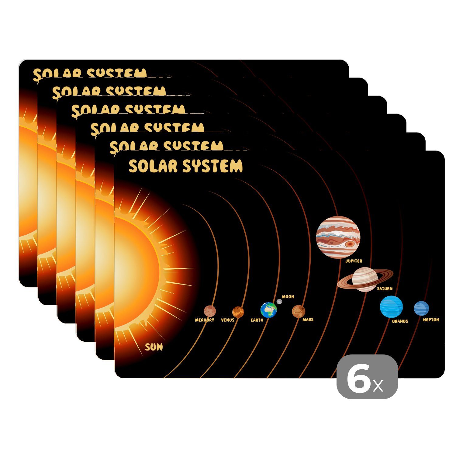 Eine Platzmatte, Platzdecken, des Darstellung Platzset, Sonnensystems, (6-St), Schmutzabweisend Platzset, MuchoWow, Tischmatten, schematische