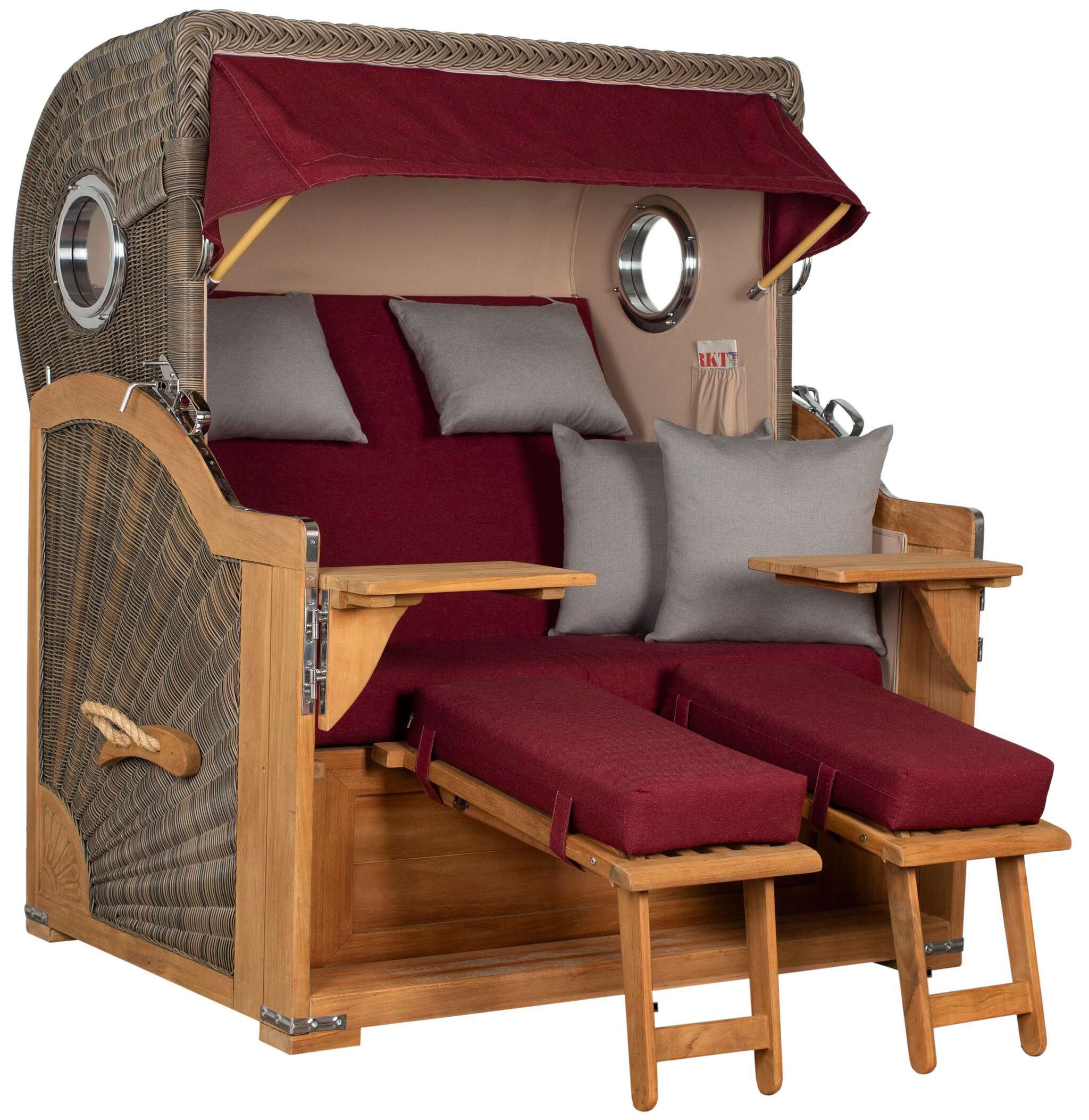 MR.DEKO Strandkorb XXL Baltikum 2,5-Sitzer Bullauge Teak PE Grey 142x170x95, BxTxH: 142x95x170 cm, Volllieger, Baltikum, (Wetterfester 2,5-Sitzer Strandkorb für Garten, Terrasse & Balkon), Volllieger mit Stauraum, Bullaugen & Edelstahl – komplett montiert