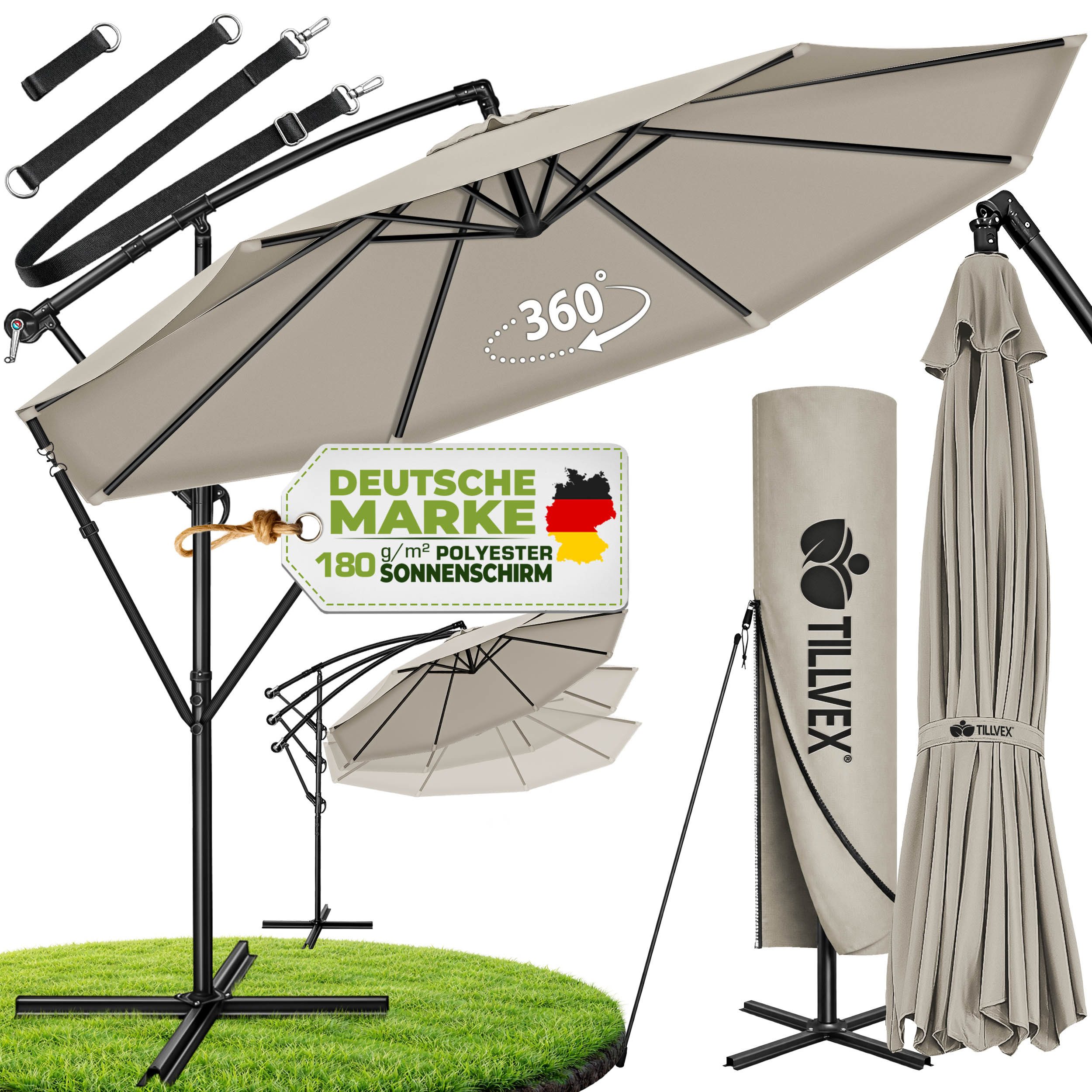 tillvex Sonnenschirm 300-350 cm Kurbel Ampelschirm mit Ständer, Abdeckung & Windsicherung, Gartenschirm UV-Schutz Aluminium