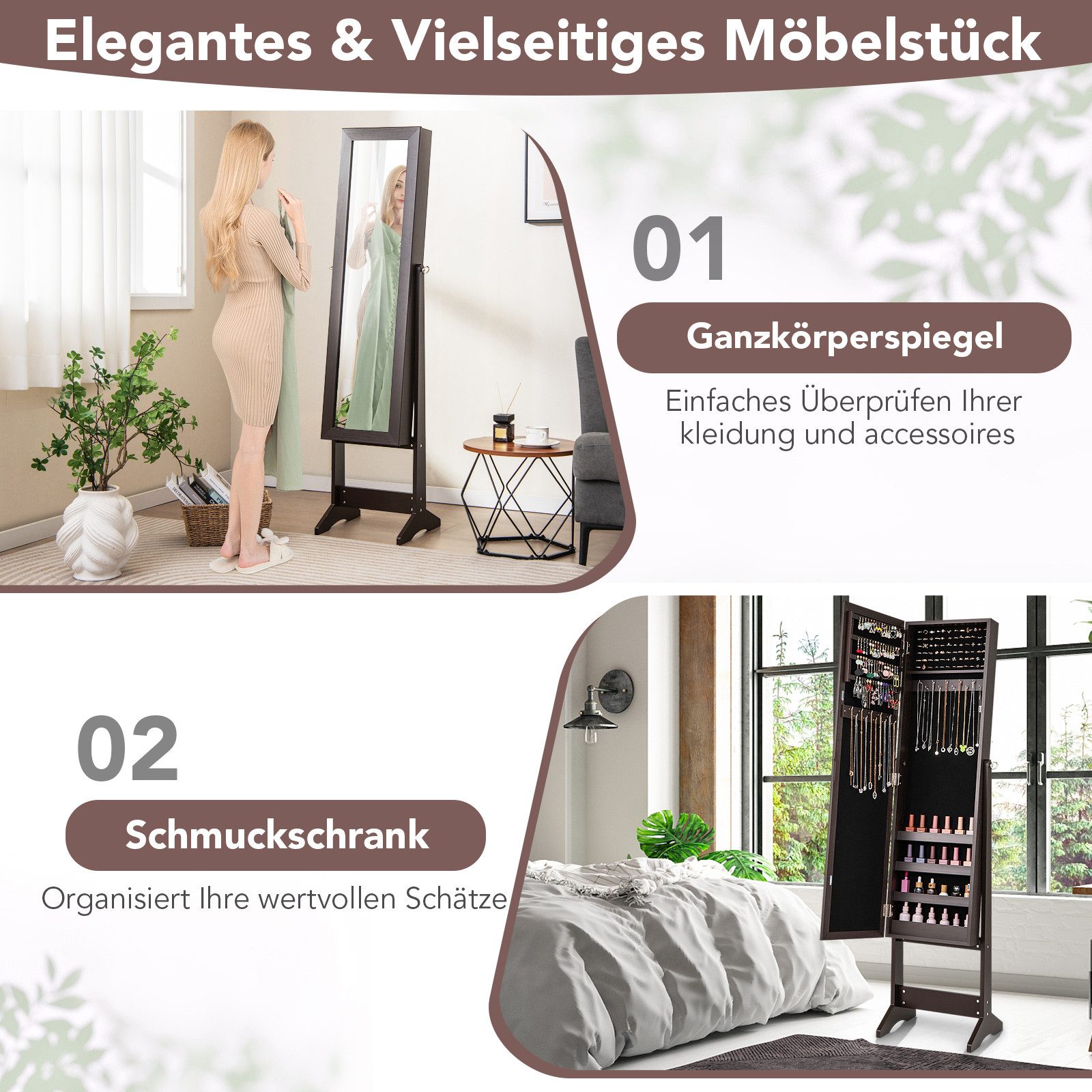 COSTWAY Schmuckregal mit Ganzkörperspiegel, Schmuckschrank neigbar, Schmuckständer