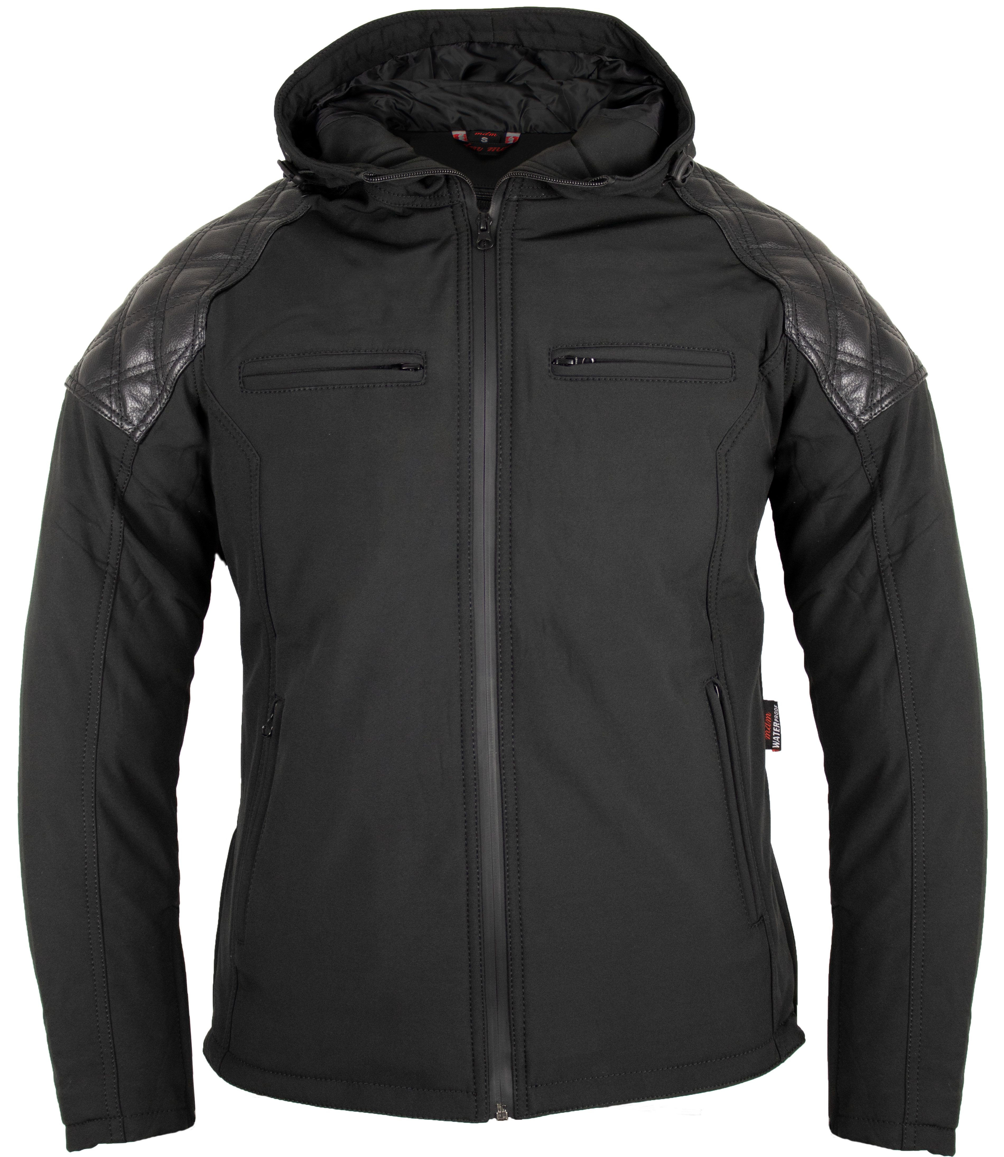 MDM Motorradjacke Herren Hoodie Motorradjacke Softshell mit Protektoren (Bikerjacke mit Kapuze) Leder-Steppdetails und wasserdichter Membran