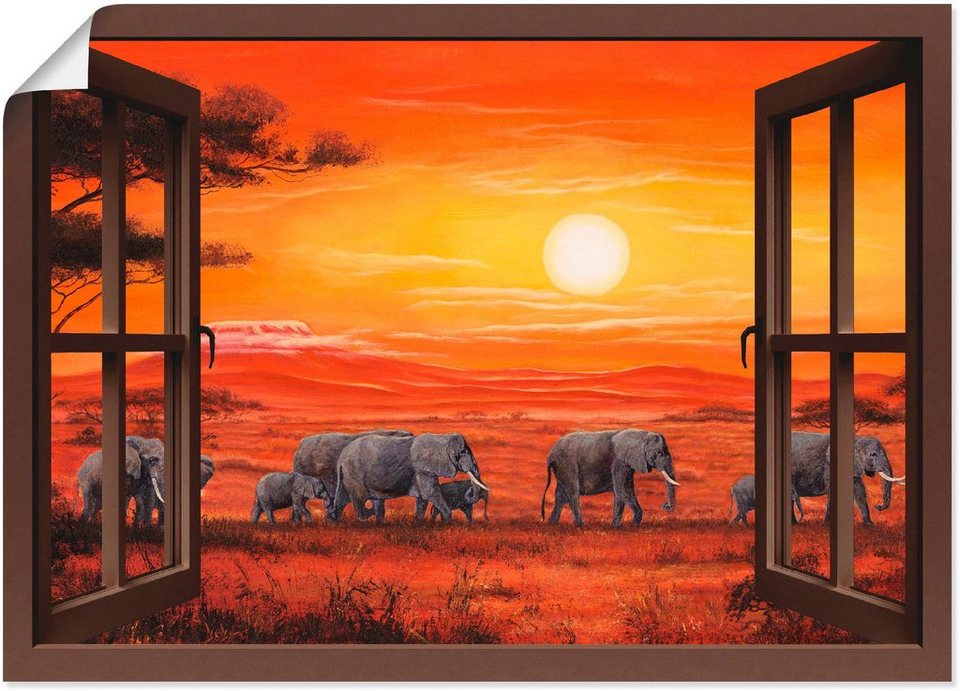 Artland Wandbild Fensterblick - Elefantenherde, Fensterblick (1 St), als  Leinwandbild, Wandaufkleber oder Poster in versch. Größen