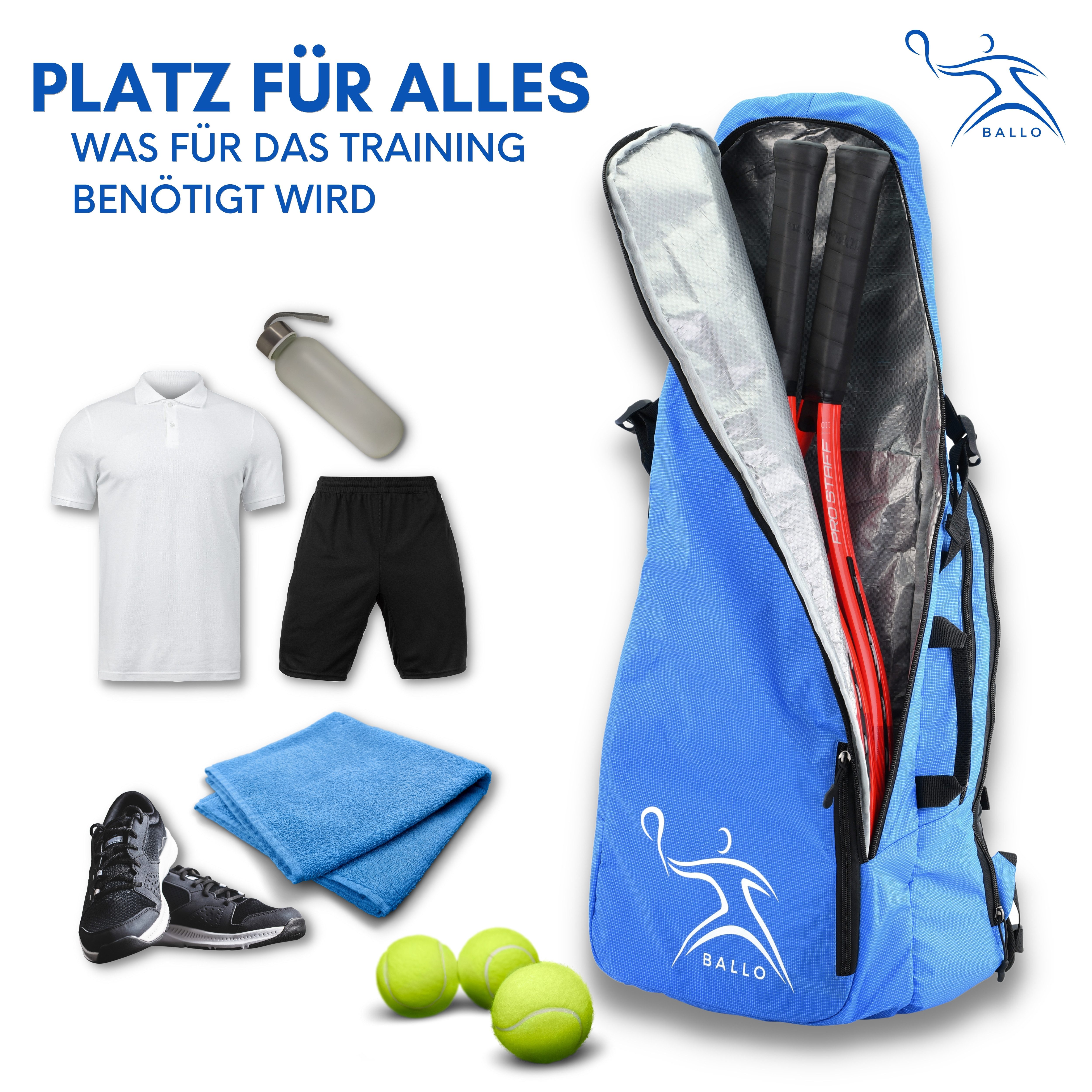 BALLO® Tennisrucksack Tennistasche Schlägertasche Rucksack Tasche Tennis Badmintion, Wasserfest, vollständiges Schlägerfach