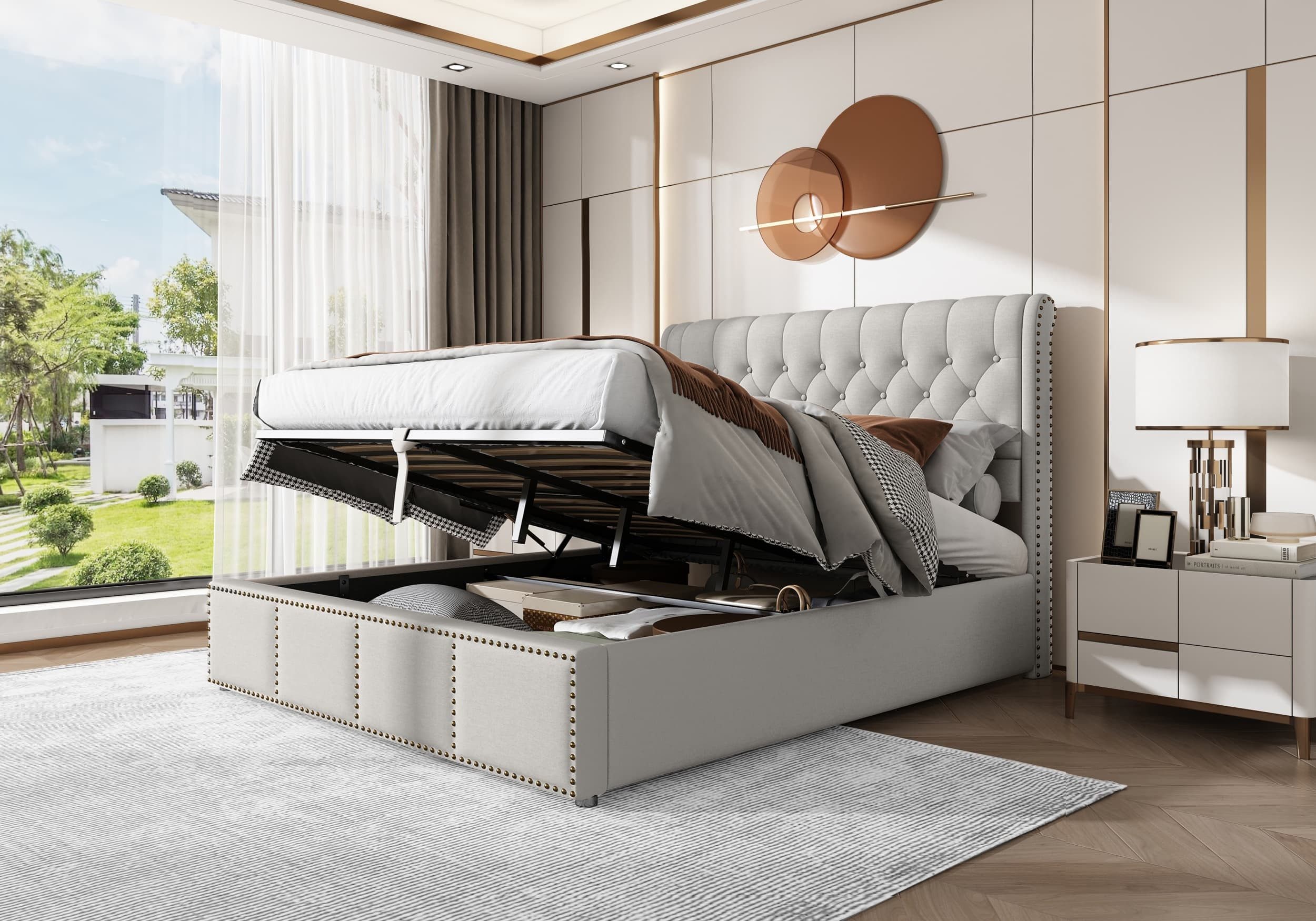 autolock Polsterbett hydraulisches Doppelbett Stauraumbett Baumwolle-Leinen (140 x 200 cm ohne Matratze), Nietenverzierung Continentalbett für Schlafzimmer