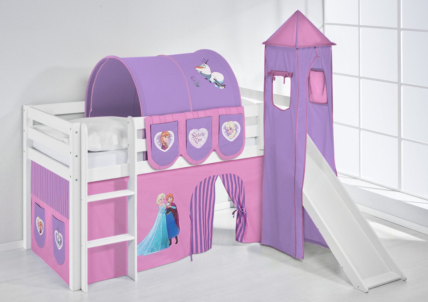 Lilokids Kinderbett Hochbett JELLE mit Vorhang & Turm Frozen Anna & Elsa Ei günstig online kaufen
