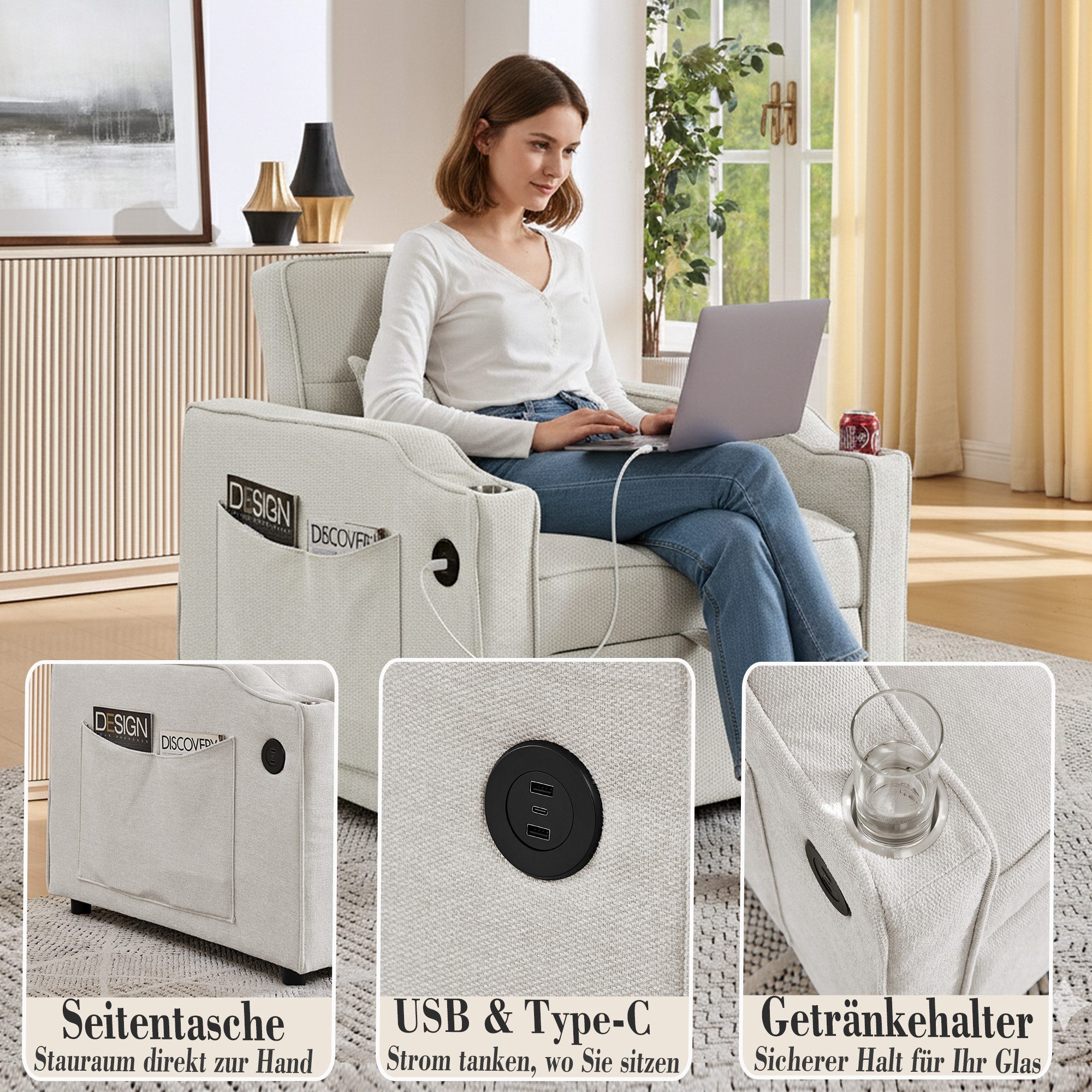 i@home Relaxsessel Schlafsessel mit Bettfunktion 3-in-1 Ausziehbares Schlafsofa (platzsparend für Wohnzimmer und Schlafzimmer), Verstellbarer Einzelsessel mit Seitentasche, für kleinen Raum, Beige