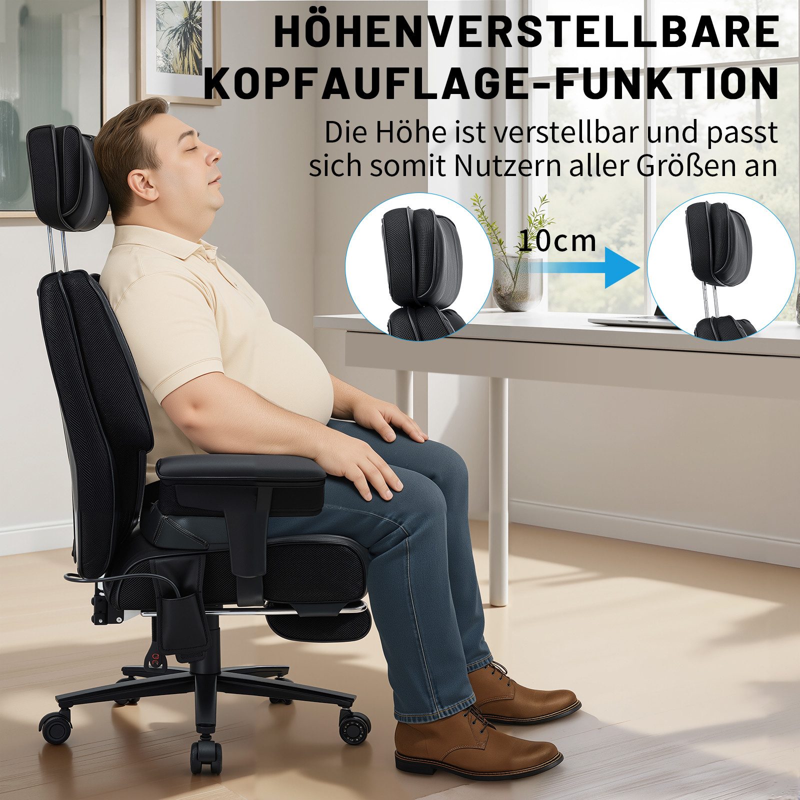 Hoffree Bürostuhl XXL Ergonomischer Relax- & Bürostuhl hoher Chefsessel 227kg belastbar (höhenverstellbarer Kopfstütze und Armlehnen, 90°-155° Wippfunktion), mit breitem Sitz, Hochwertige Stoffe, verstellbarer Lendenstütze