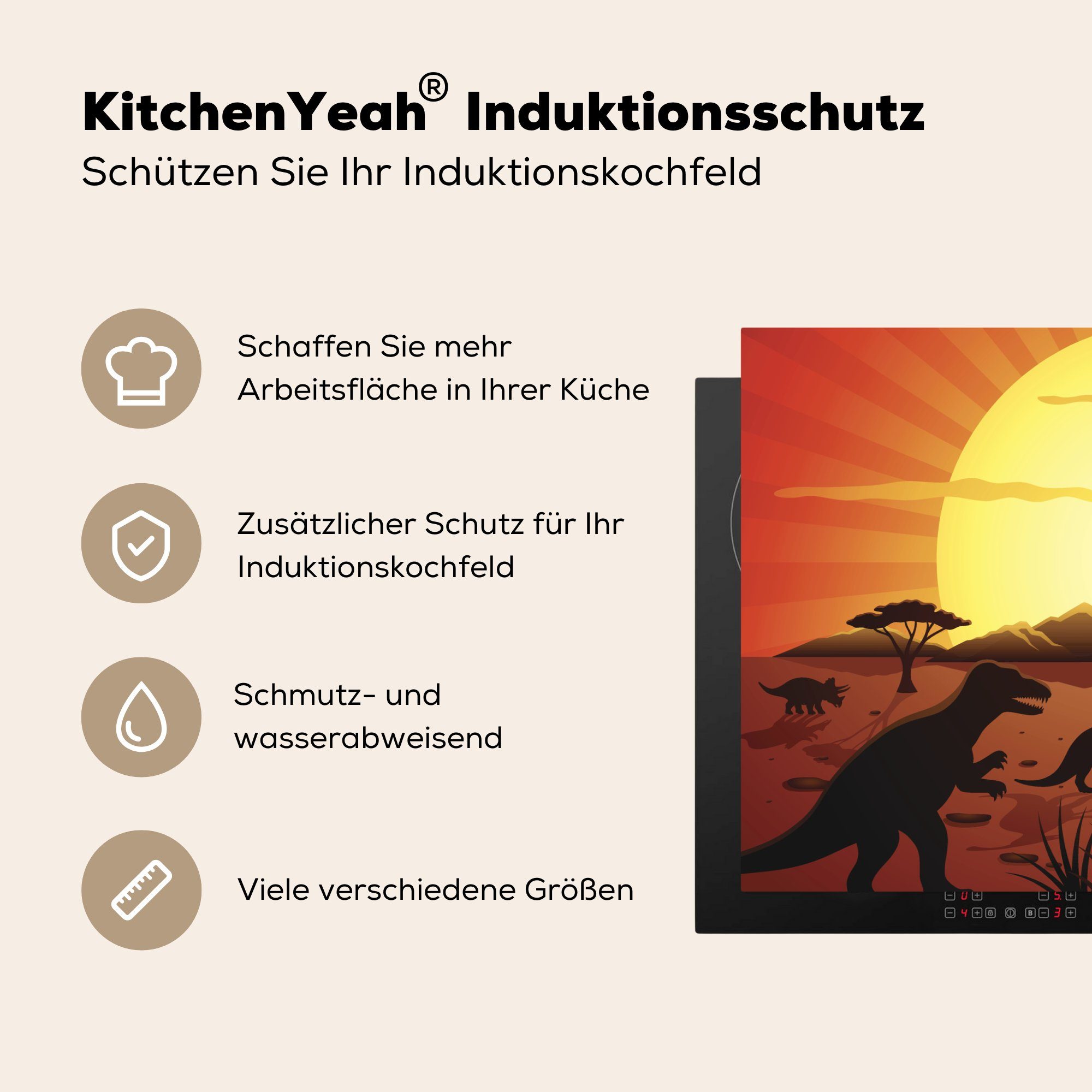 - Vinyl, Jungen, für Kinder Dino küche tlg), - - Ceranfeldabdeckung, - (1 Sonne Herdblende-/Abdeckplatte - Arbeitsplatte Zeichnung 77x51 MuchoWow Natur cm,