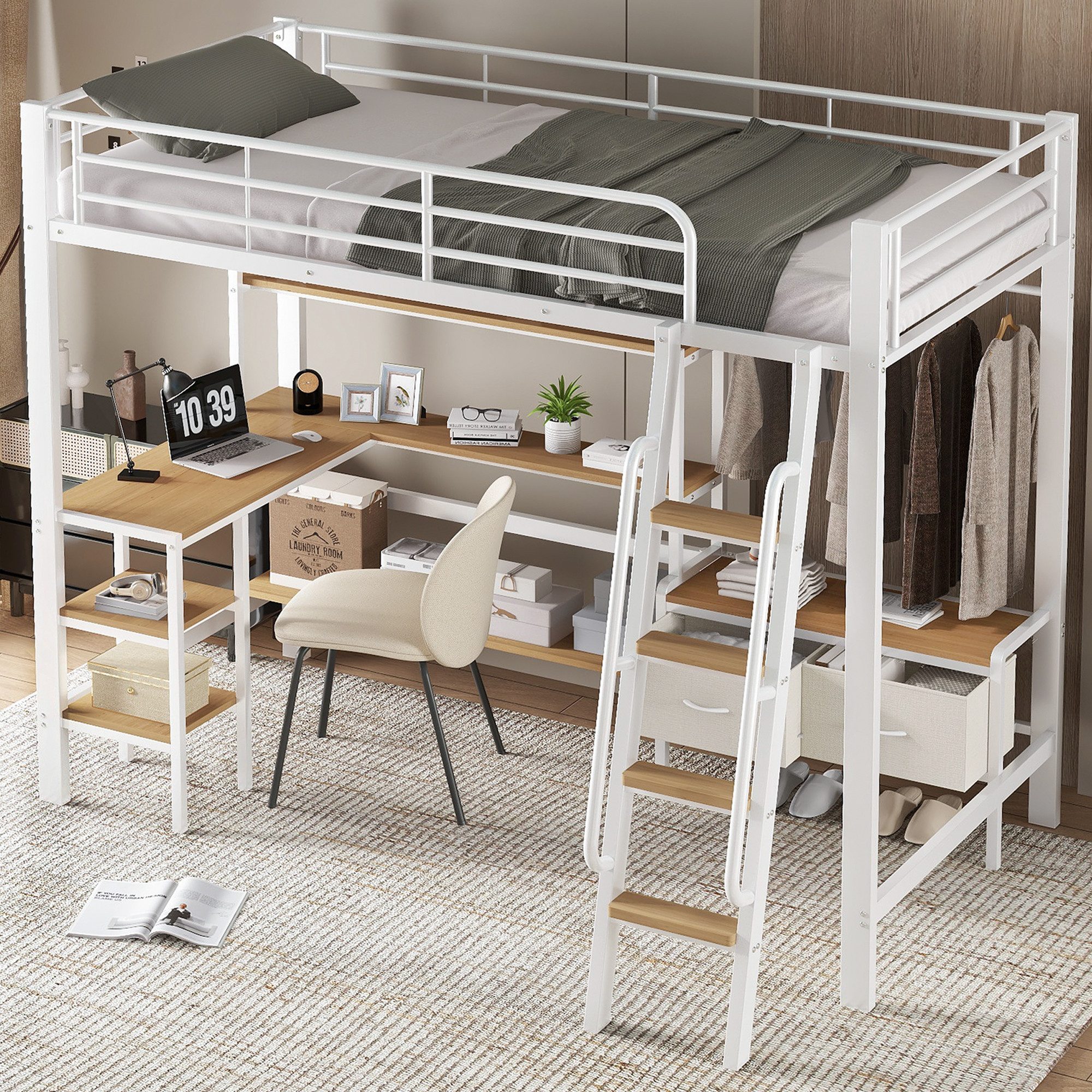 STILVORA Kinderbett 90x200 mit Matratze&Schreibtisch,Jugendbett Bettgestell mit Regal (mit Schreibtisch, vierstöckiger Schrägtreppe und zwei Stoffaufbewahrungsboxen, 90x200cm), ohne Matratze