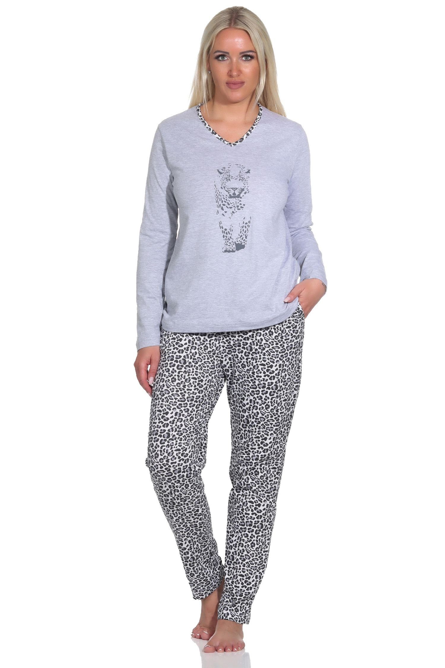 Normann Pyjama Damen Langarm Schlafanzug mit Tiermotiv, Hose im Animal-Print-Look grau-mel.