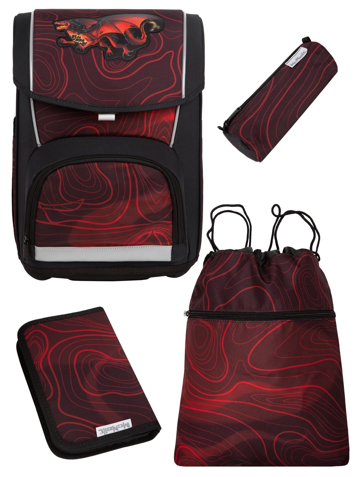 McNeill Schulranzen Dragon - Drache Schultasche ab der 1. Klasse (Set, 4-tlg., inkl. Federmäppchen Schlamper Turnbeutel), 960 Gramm leicht, 21L Volumen, mit Brustgurt und Hüftgurt