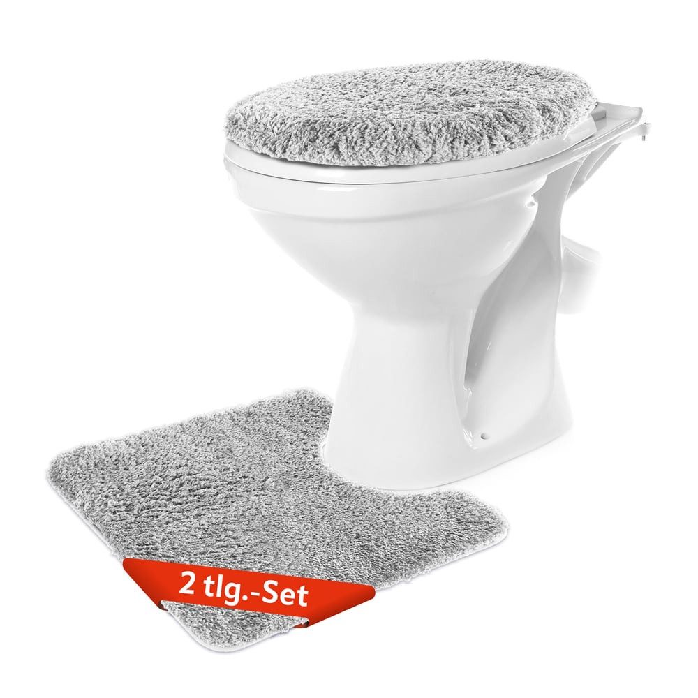 Benkstein Badematte Set 2-teilig, rutschfest, pflegeleicht, maschinenwaschbar, WC Vorleger + WC-Deckelbezug, Polyester 1700gr/m2/TPR, Badvorleger und WC Teppich mit weichem Toilet Seat Cover pflegeleicht