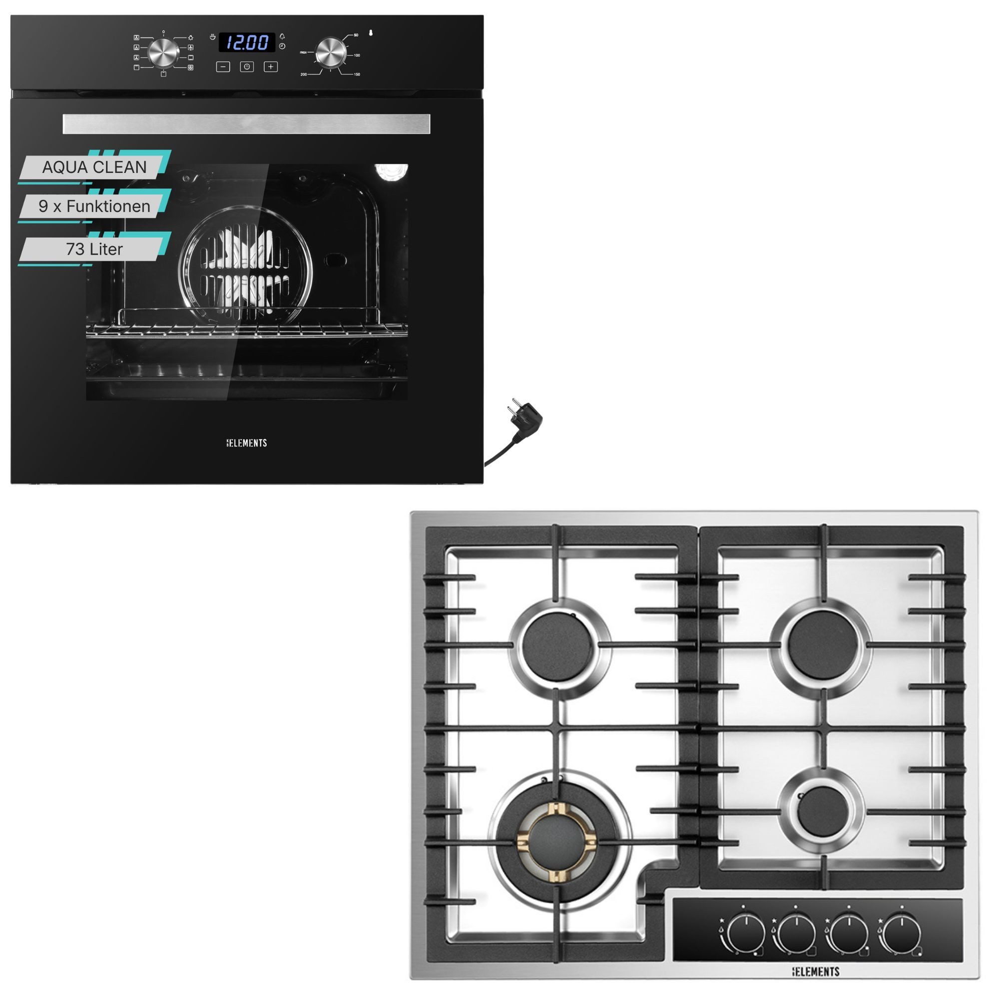 KB Elements Backofen-Set Einbaubackofen 60 cm mit Gaskochfeld 4 Flammig, AQUA CLEAN, Aqua Clean, Gaskochfeld mit Vollkupfer-Brennern