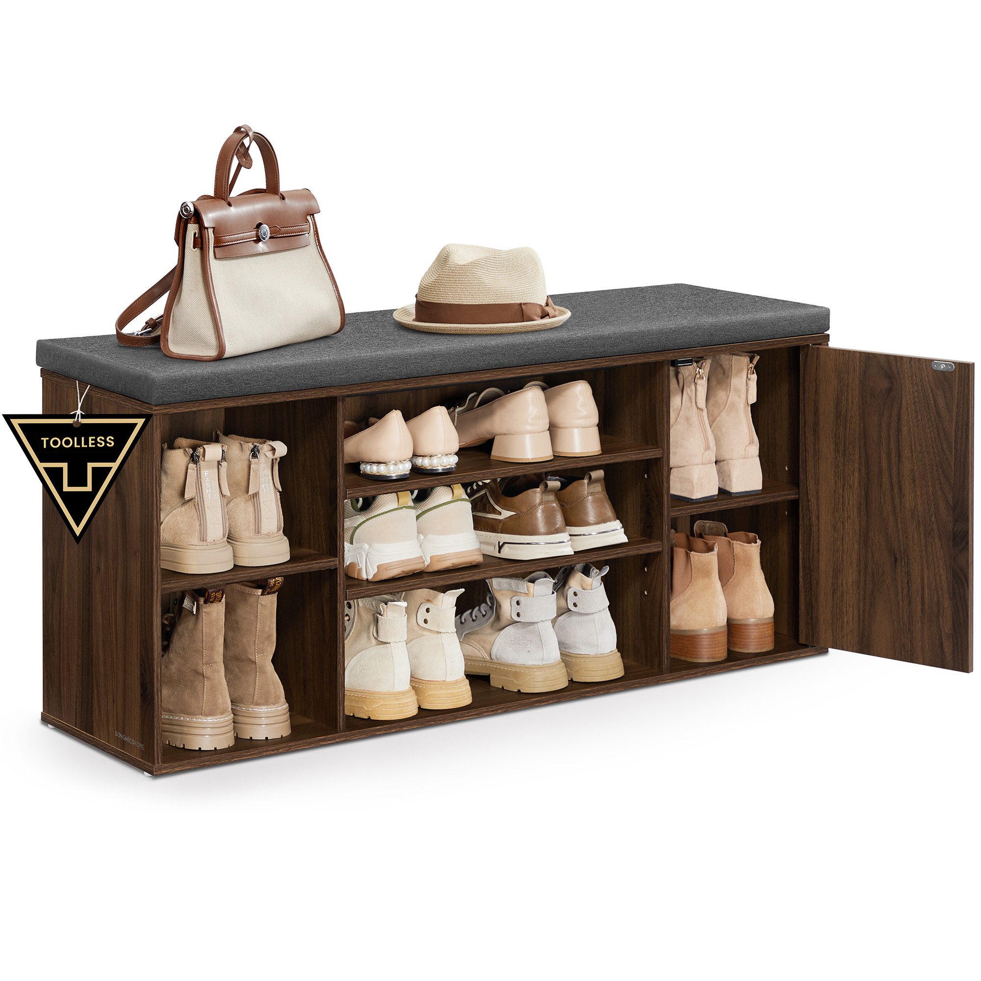 SONGMICS HOME Schuhbank Sitzbank mit Stauraum, offene Fächer, verstellbar, Schuhschrank, Toolless-Technologie, superschnelle werkzeuglose Montage