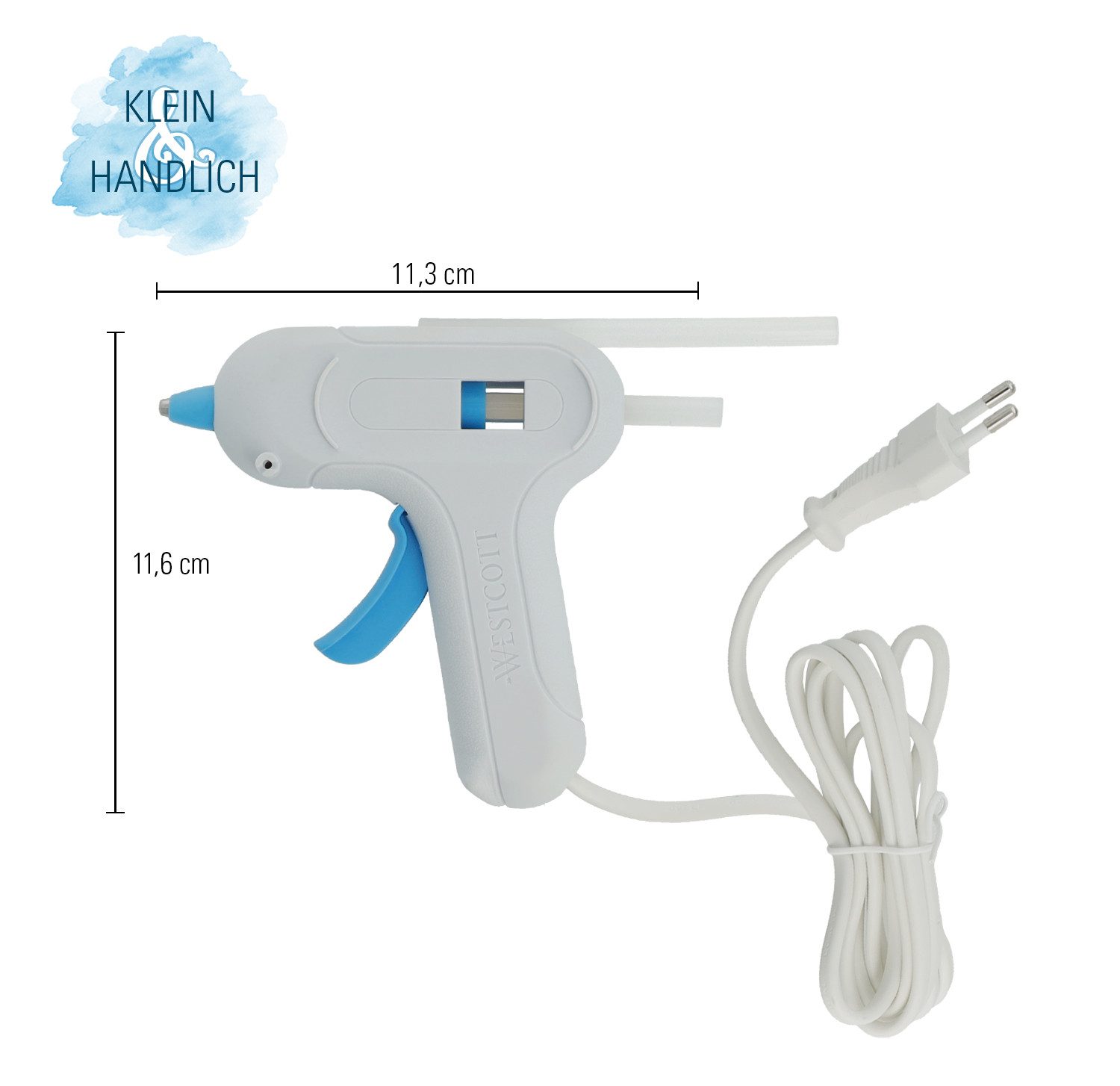 WESTCOTT Heißklebepistole Mini Weiß, DIY Heißkleber inkl. 2 x 7mm Heißklebesticks, 1,4m Kabel, Für Kinder und Erwachsene