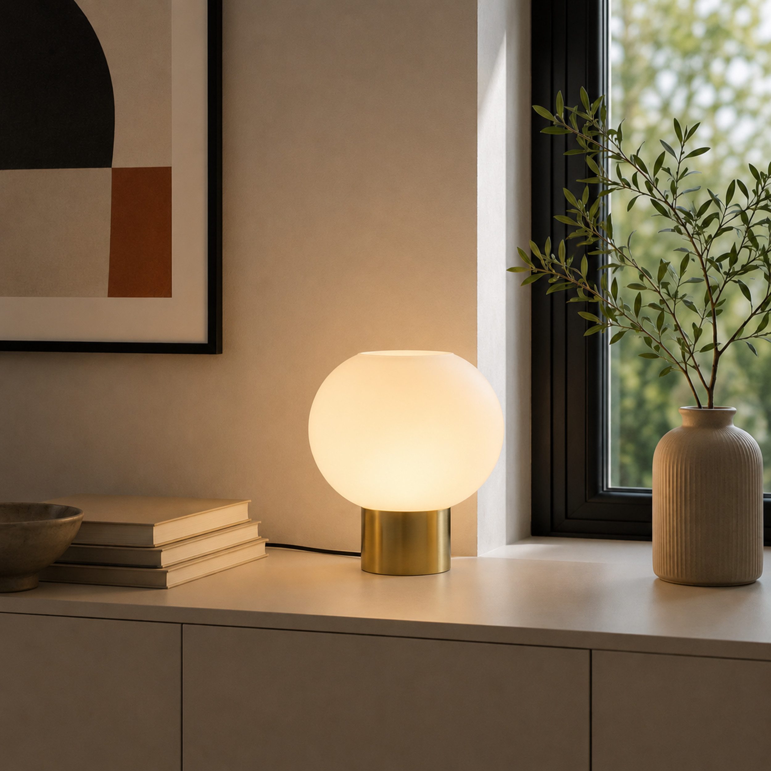 Lightbox Tischleuchte, ohne Leuchtmittel, Ø22 cm, Höhe 21 cm, E27 Fassung, Glas/Metall, weiß/messing gebürstet