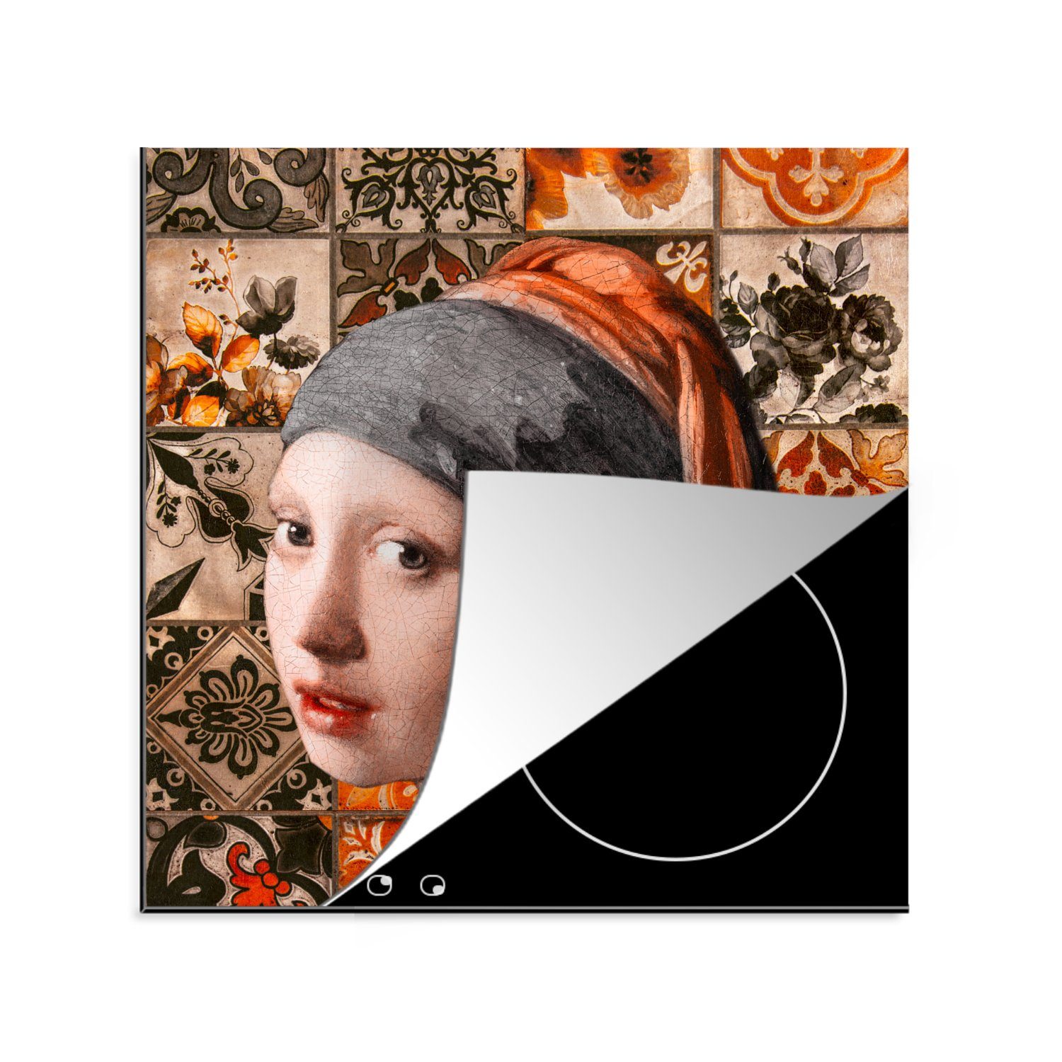 MuchoWow Herdblende-/Abdeckplatte Das Mädchen mit dem Perlenohrring - Kacheln - Orange - Schwarz, Vinyl, (1 tlg), 78x78 cm, Ceranfeldabdeckung, Arbeitsplatte für küche