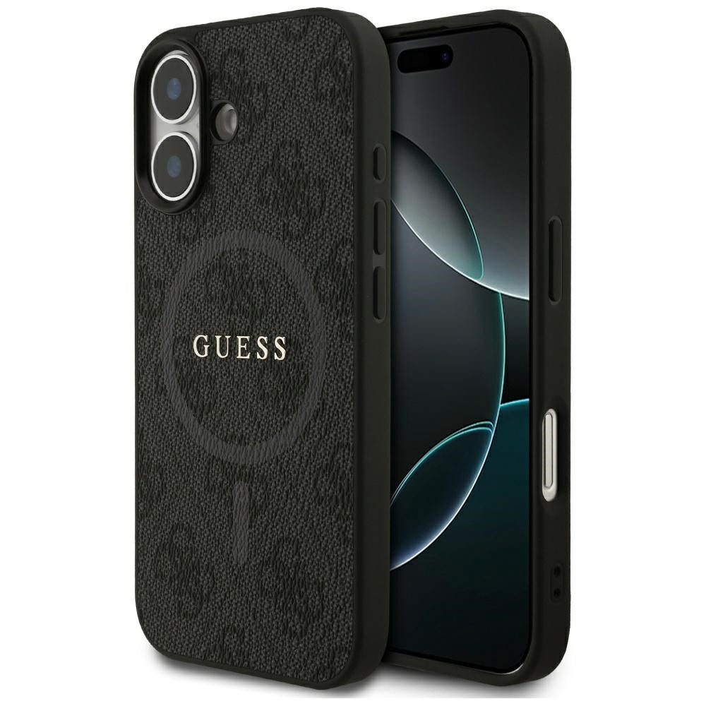 Guess Handyhülle Case iPhone 17 MagSafe Kunstleder grau Logo goldfarben 6,3 Zoll, Kantenschutz