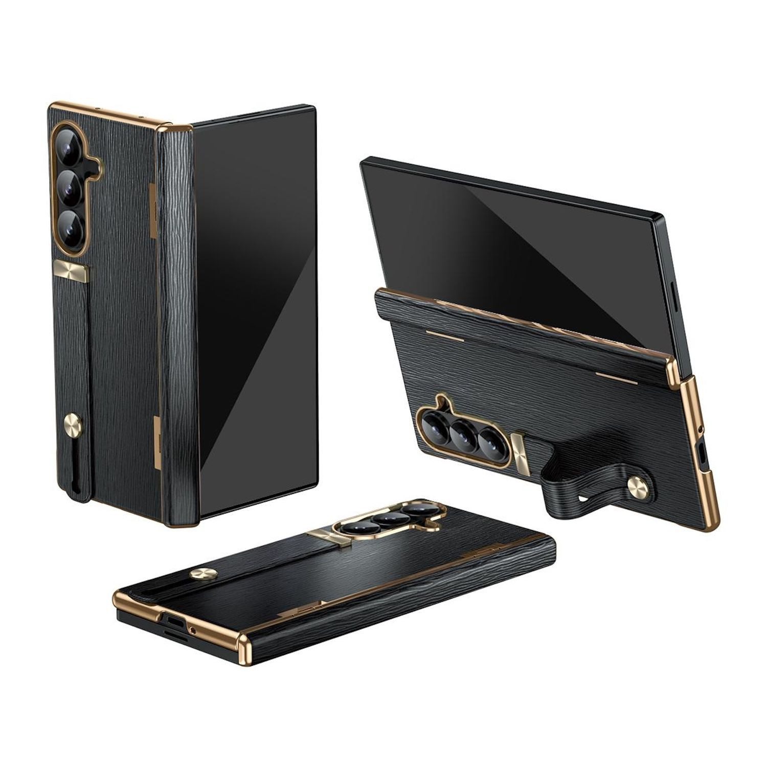 Wigento Handyhülle Für Samsung Galaxy Z Fold7 Design Leder Hülle mit Handriemen Schwarz, Leder Hülle mit einziehbarem Handriemen und integriertem Ständer