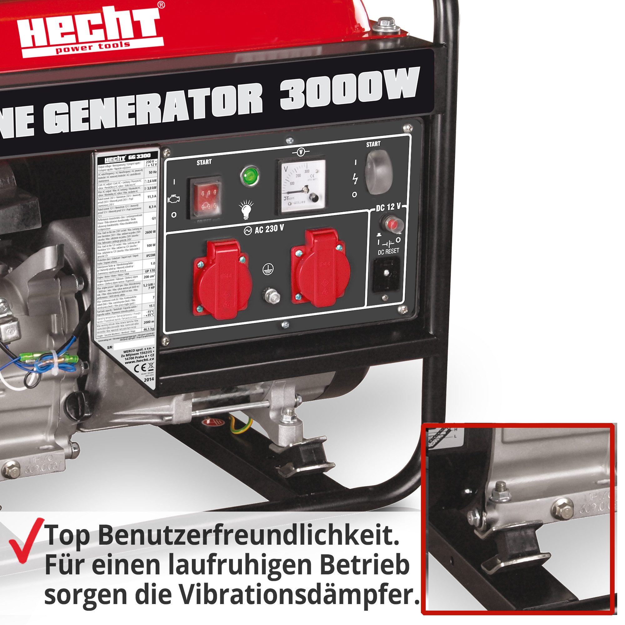 Hecht Stromgenerator Notstromaggregat Benzin GG 3300, 5,10 in kW, 5,1 kW - 7 PS - 2600W