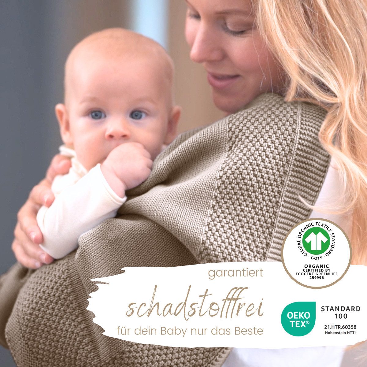 Babydecke DIKOS® Kuscheldecke Bordüre *100%* Bio Baumwolle, Geschenk zur Geburt, DIKOS, Strickdecke 75×100, Baby Erstausstattung Neugeborene, Babygeschenk