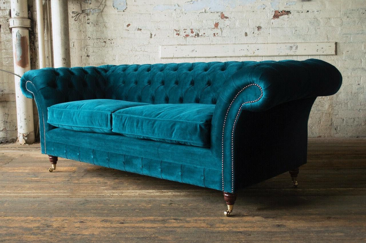 Xlmoebel Chesterfield-Sofa Elegantes Türkis Sofa aus Leder und Textil mit hoher Polsterung, 1 Teile, Hergestellt in Europa