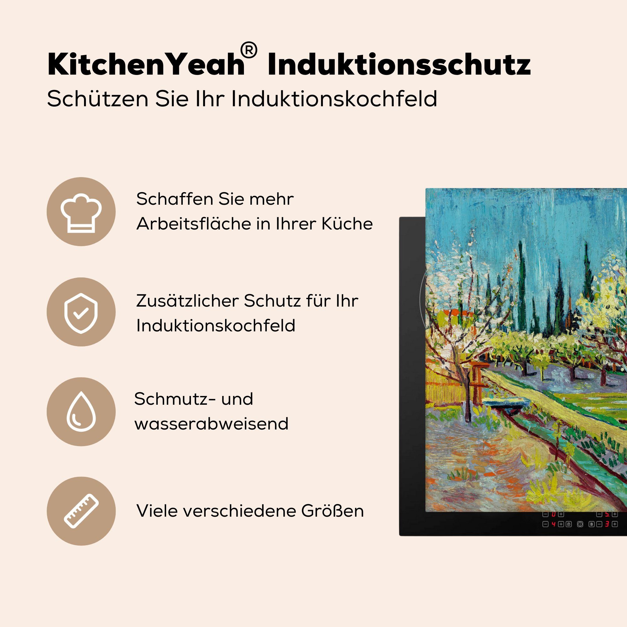 Ceranfeldabdeckung Vincent 59x52 Gogh, von die für küche, Induktionsmatte Vinyl, MuchoWow (1 Blühender Zypressen cm, Herdblende-/Abdeckplatte umgeben tlg), Obstgarten, van -