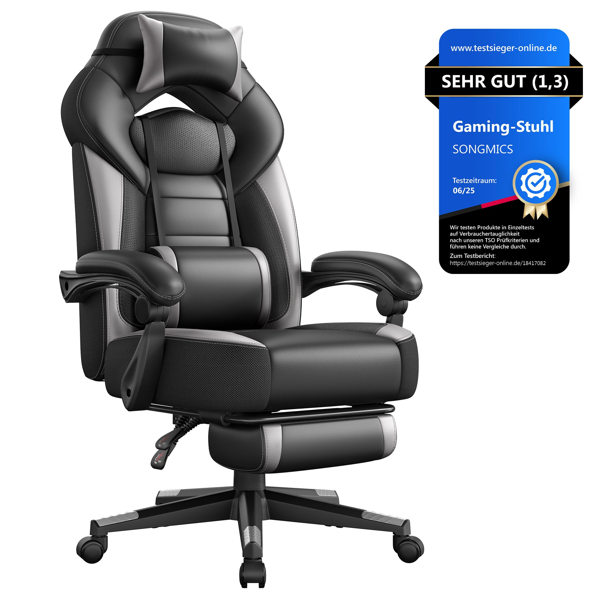 SONGMICS Bürostuhl Gaming-Stuhl, Computerstuhl ergonomischer, bis 150 kg belastbar, mit ausziehbarer Fußstütze, verstellbarem Kopfkissen und Lendenkissen