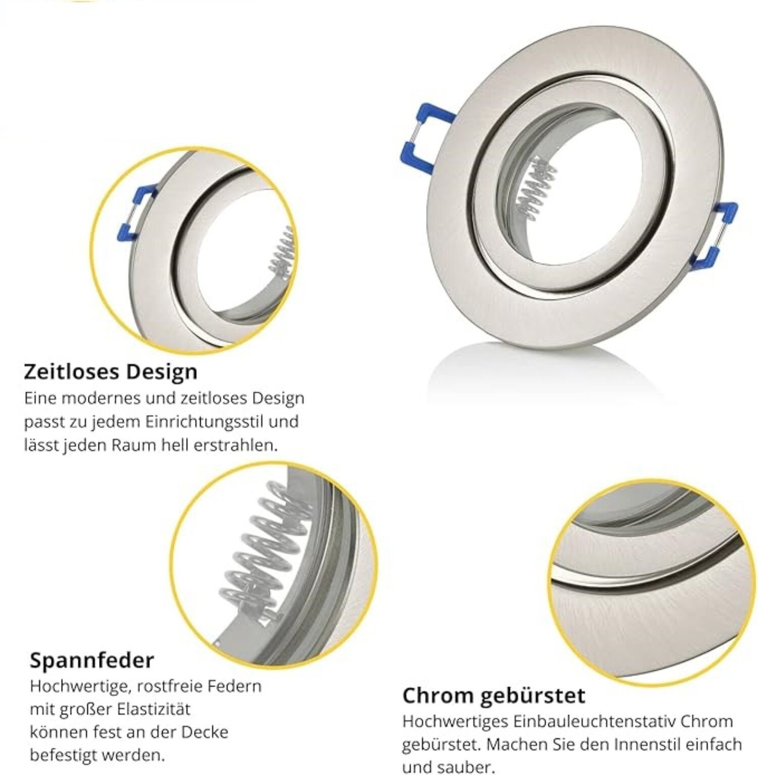 Sweet LED Deckenspot Chrom‑Gebürstet IP44 Aluminium Einbauspots Bad 230 V GU10, ohne Leuchtmittel, LED Deckenleuchte, Einbaustrahler, Deckenlampe