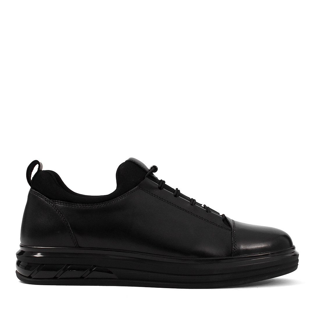 Celal Gültekin Plateausohle Leder Herren Schuhe Elastikschnürung Schwarz Low-Top Sneaker Echtleder, Polyurethan-Sohle, Schwarz, 43