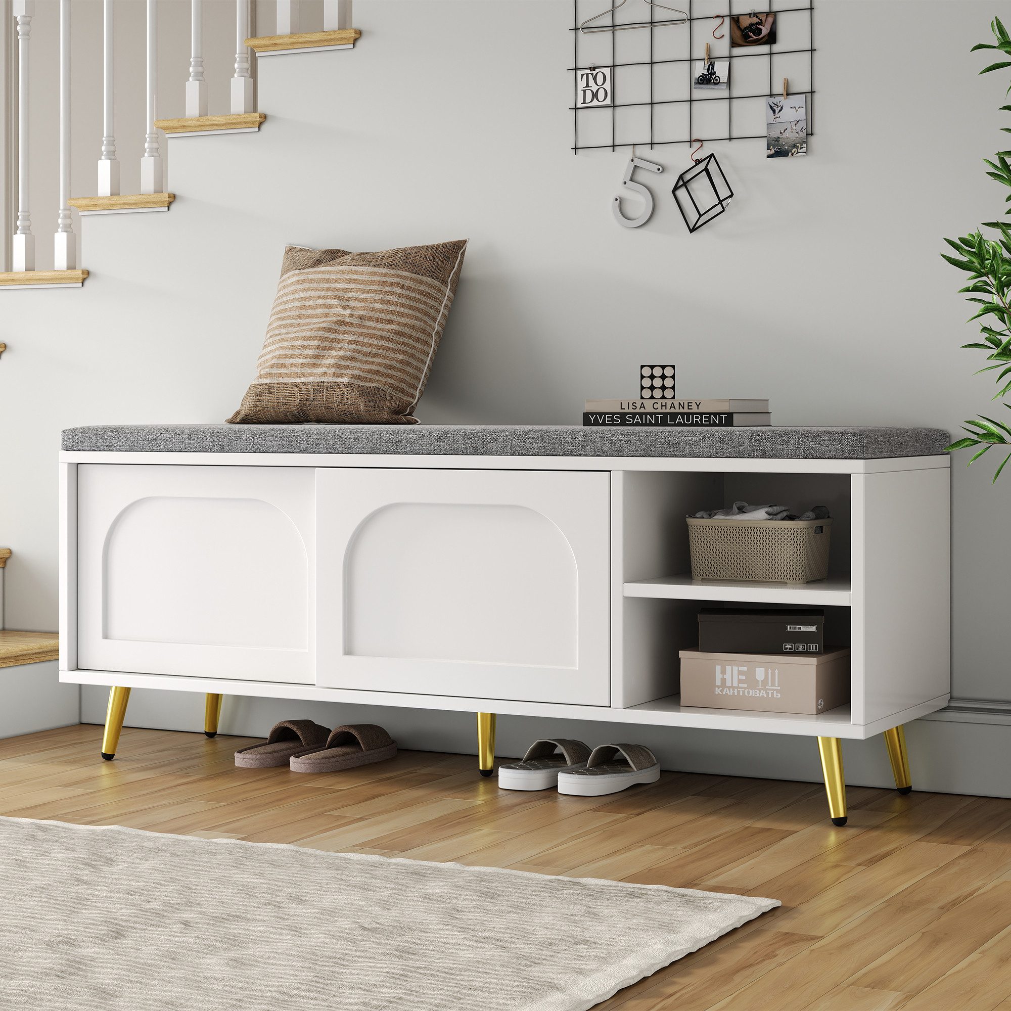 OKWISH Schuhbank Schuhregal (mit Sitzkissen und Stauraum – Weiß,multifunktionale Garderobenbank für Flur & Schlafzimmer, stabil und langlebig, 1-St., B121/D35/H49 cm), mit Sitzbank
