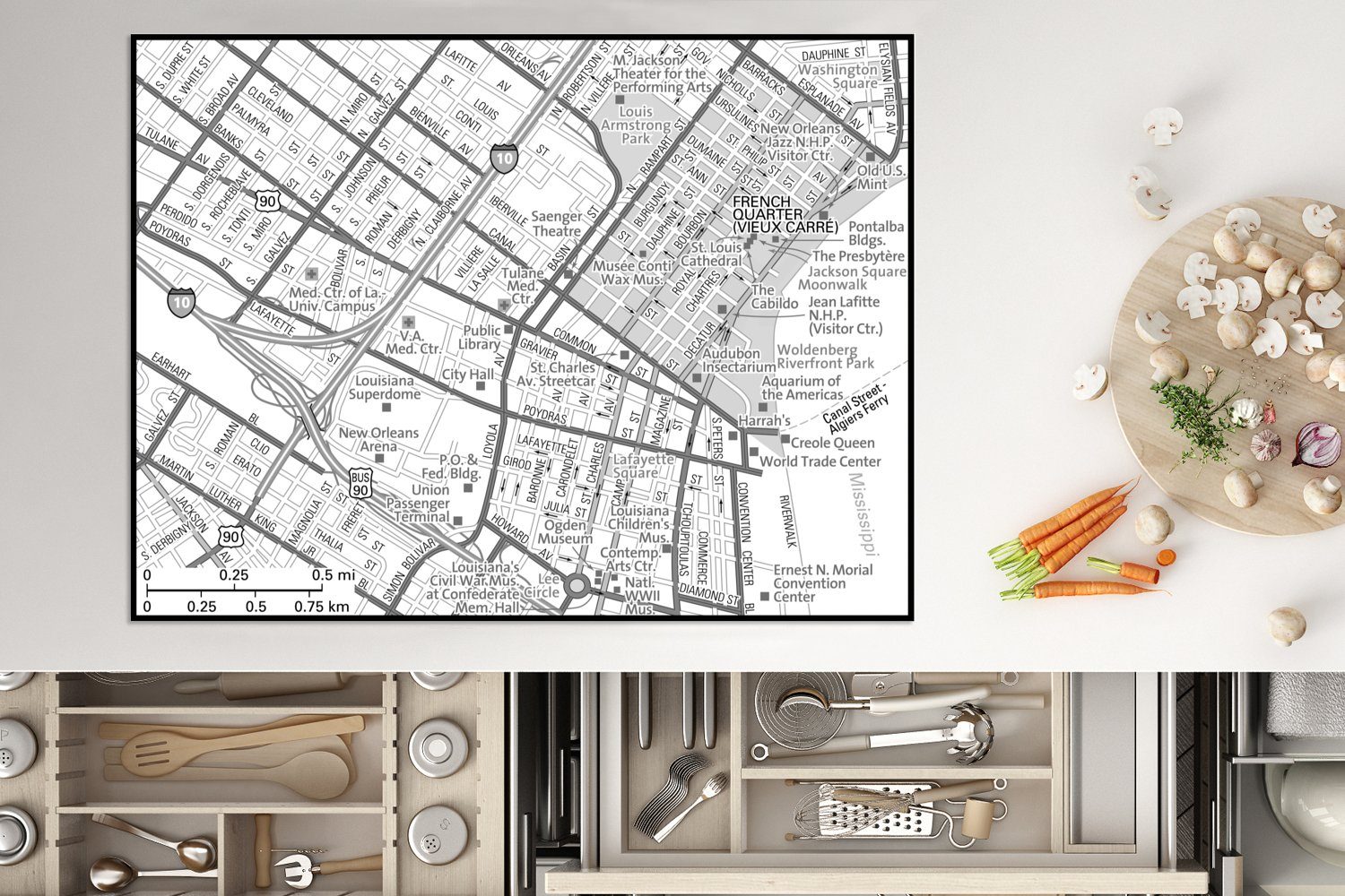 Eine Herdblende-/Abdeckplatte nutzbar, Vinyl, Mobile New und tlg), Arbeitsfläche - Illustration Ceranfeldabdeckung des schwarz cm, (1 weiß, Orleans von MuchoWow 70x52 Stadtplans