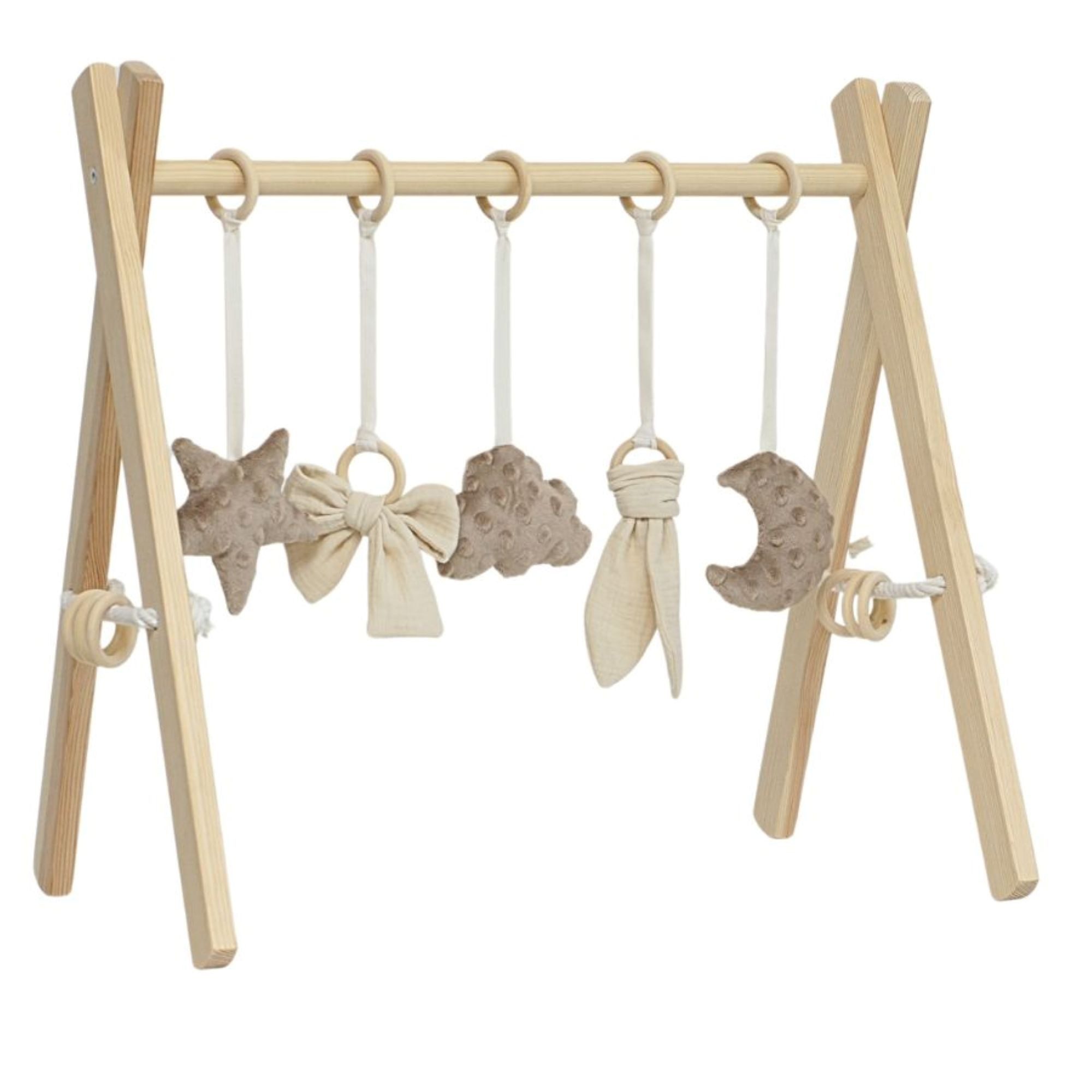 LuMali Baby Gym Holz Spielbogen klappbar 5 Spielzeuge 41x58x49cm Naturholz Kiefer, Spieltrapez Neugeborene sensorisch handgemacht faltbar leicht Geschenk