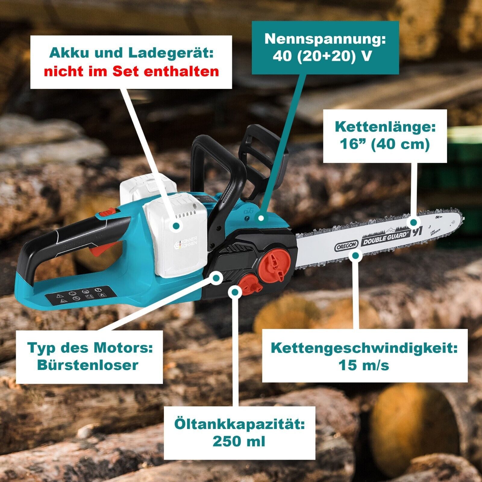 Könner & Söhnen Akku-Kettensäge Akku-Kettensäge KS CS40V-16 + KS C35A-2 + KS 20V4-1 (2 pcs), 1-tlg.