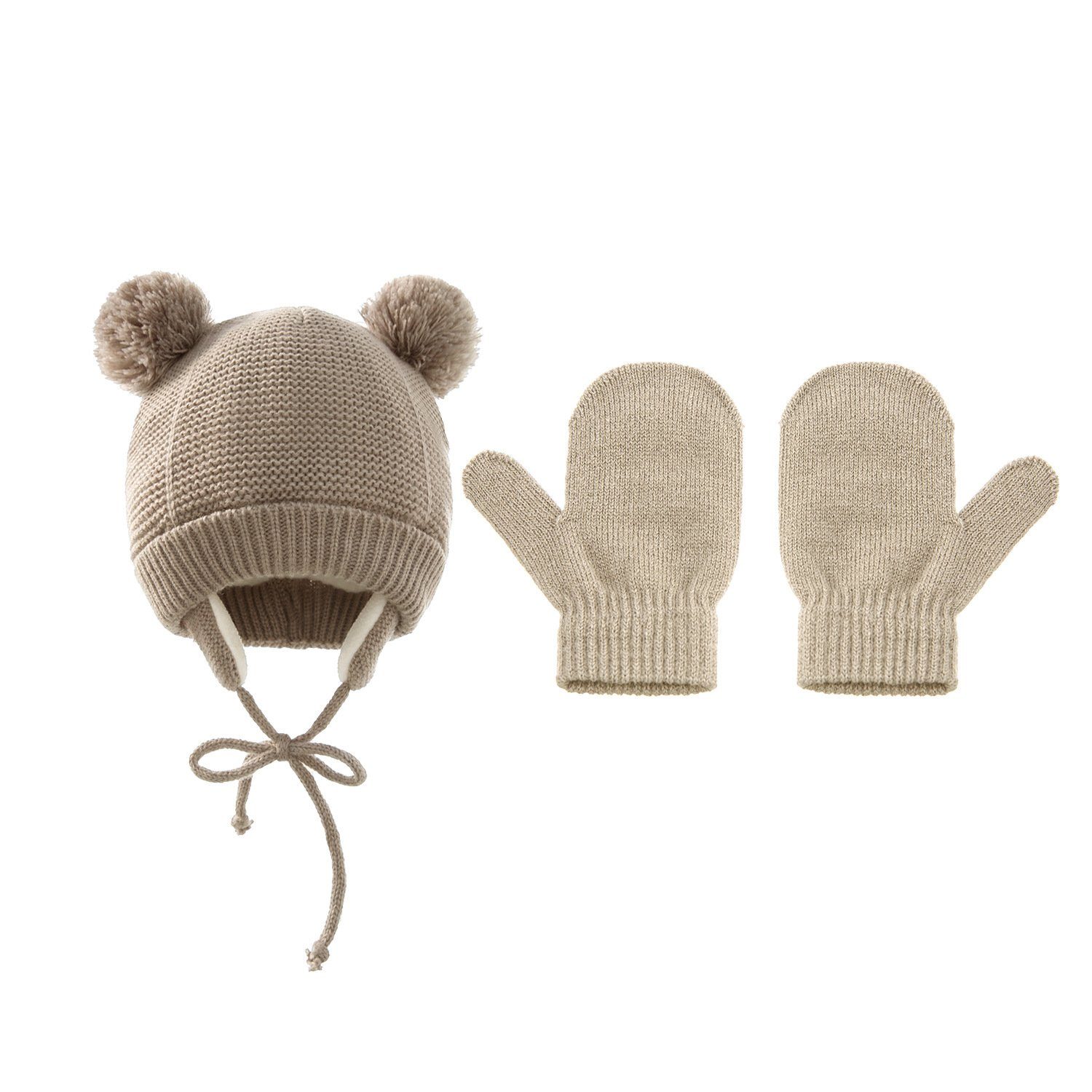 XDeer Filzhut 2 Stück Kinder Wintermütze Handschuhe Set, Strickmütze baby warme Mütze brown