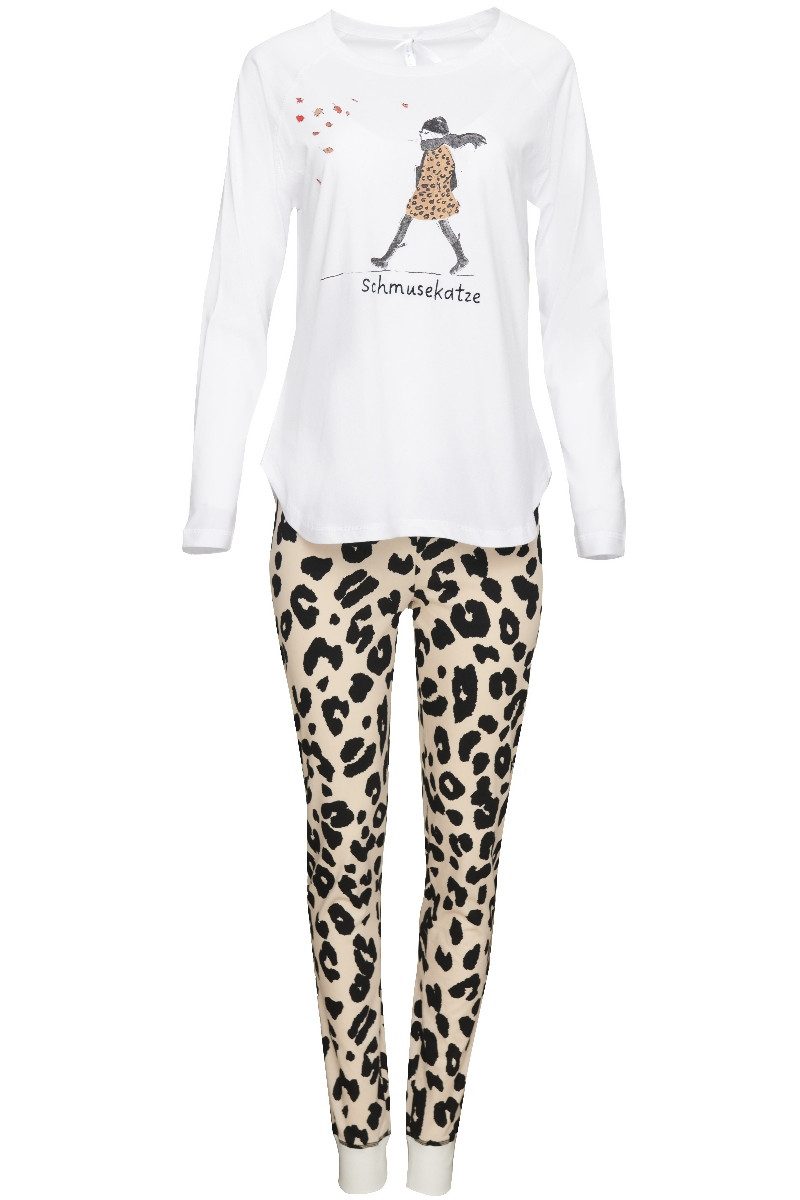Louis & Louisa Schlafanzug Pyjama Damen - LEO-MÄDCHEN - weiß/leo